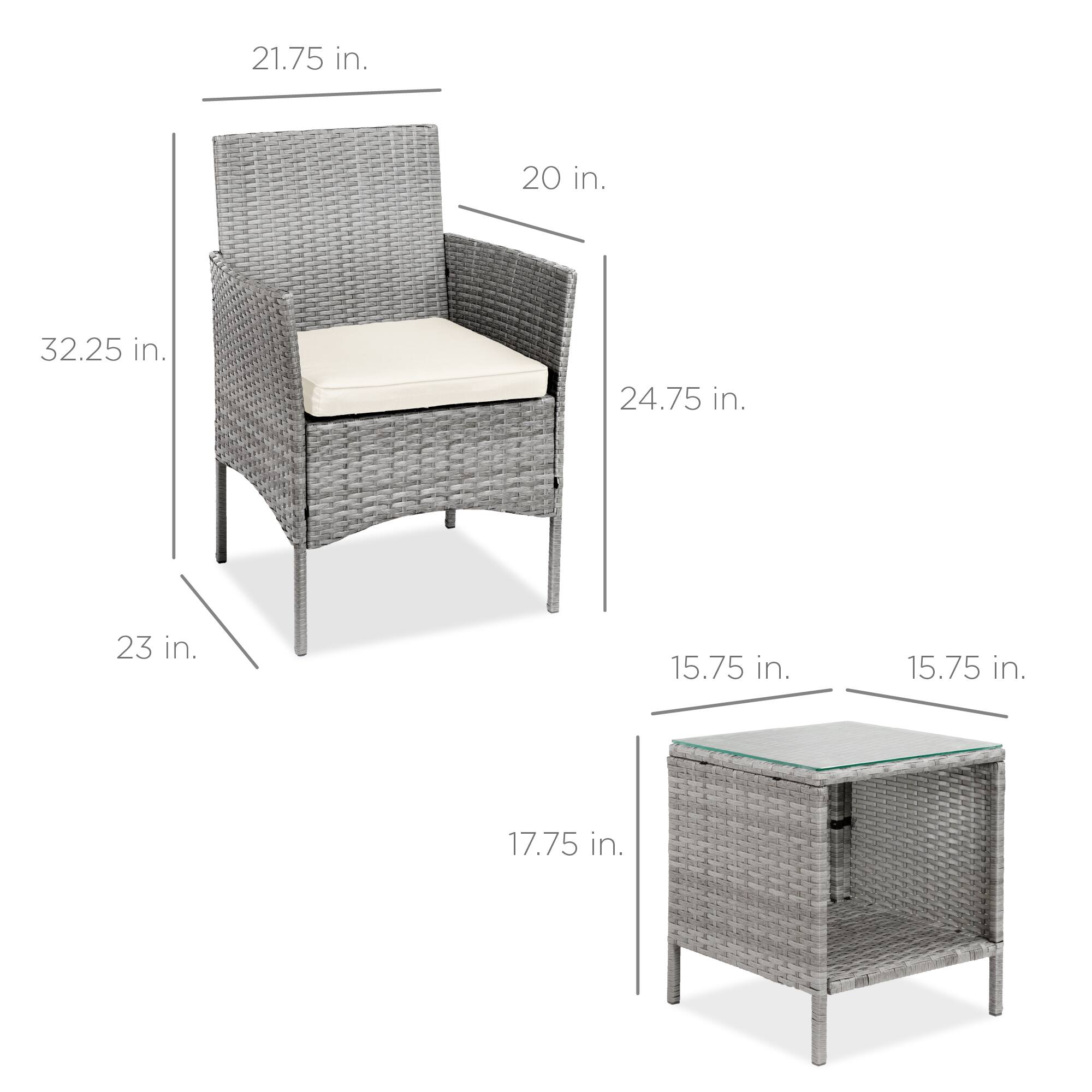 - Chair:
  - Height: 32.25 in.
  - Width: 21.75 in.
  - Depth: 24.75 in.
  - Seat Height: 17.75 in.
  - Armrest Height: 20 in.
  - Seat Depth: 23 in.

- Table:
  - Height: 15.75 in.
  - Width: 15.75 in.
  - Depth: 15.75 in.