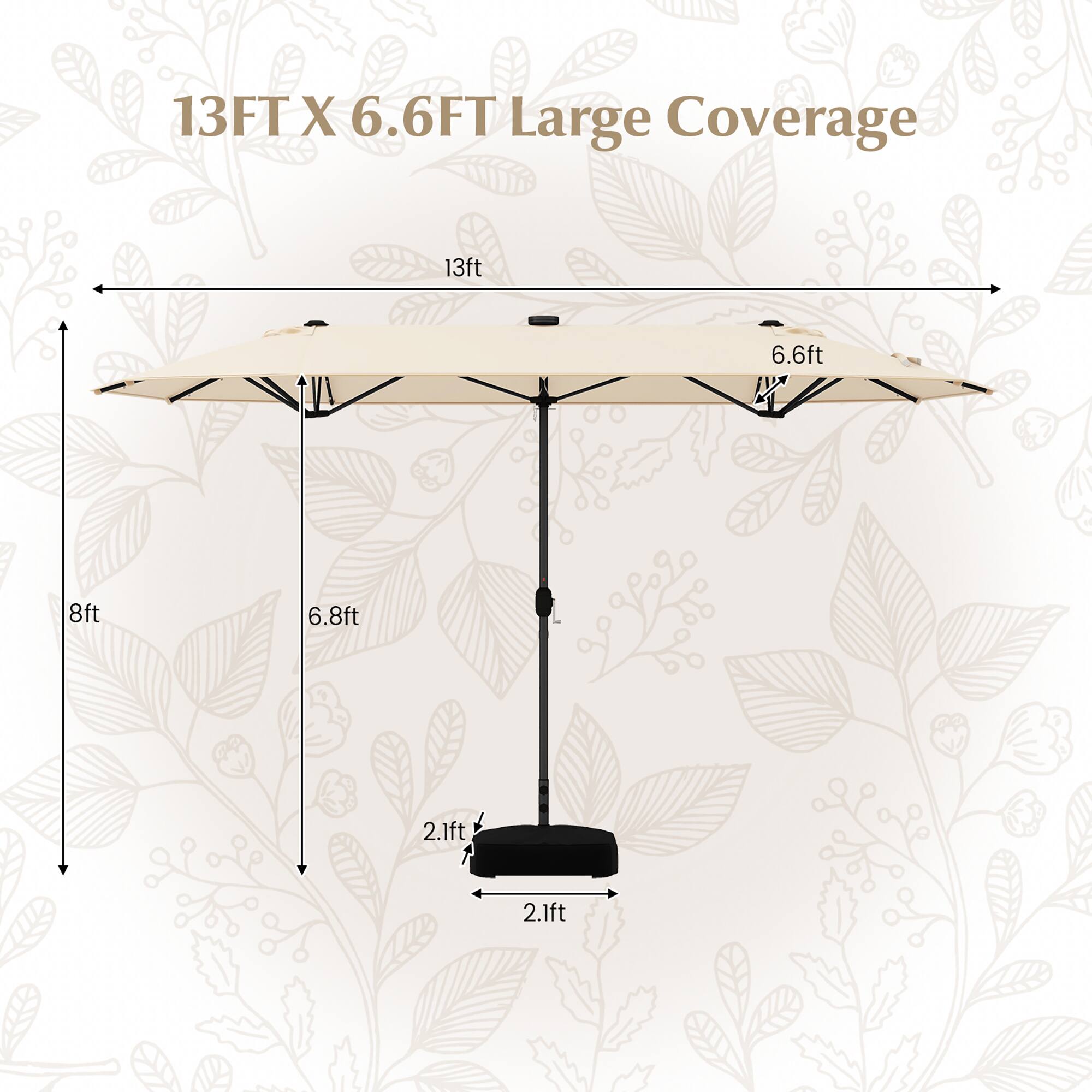 13FT X 6.6FT Large Coverage

13ft  
6.6ft  
8ft  
6.8ft  
2.1ft  
2.1ft