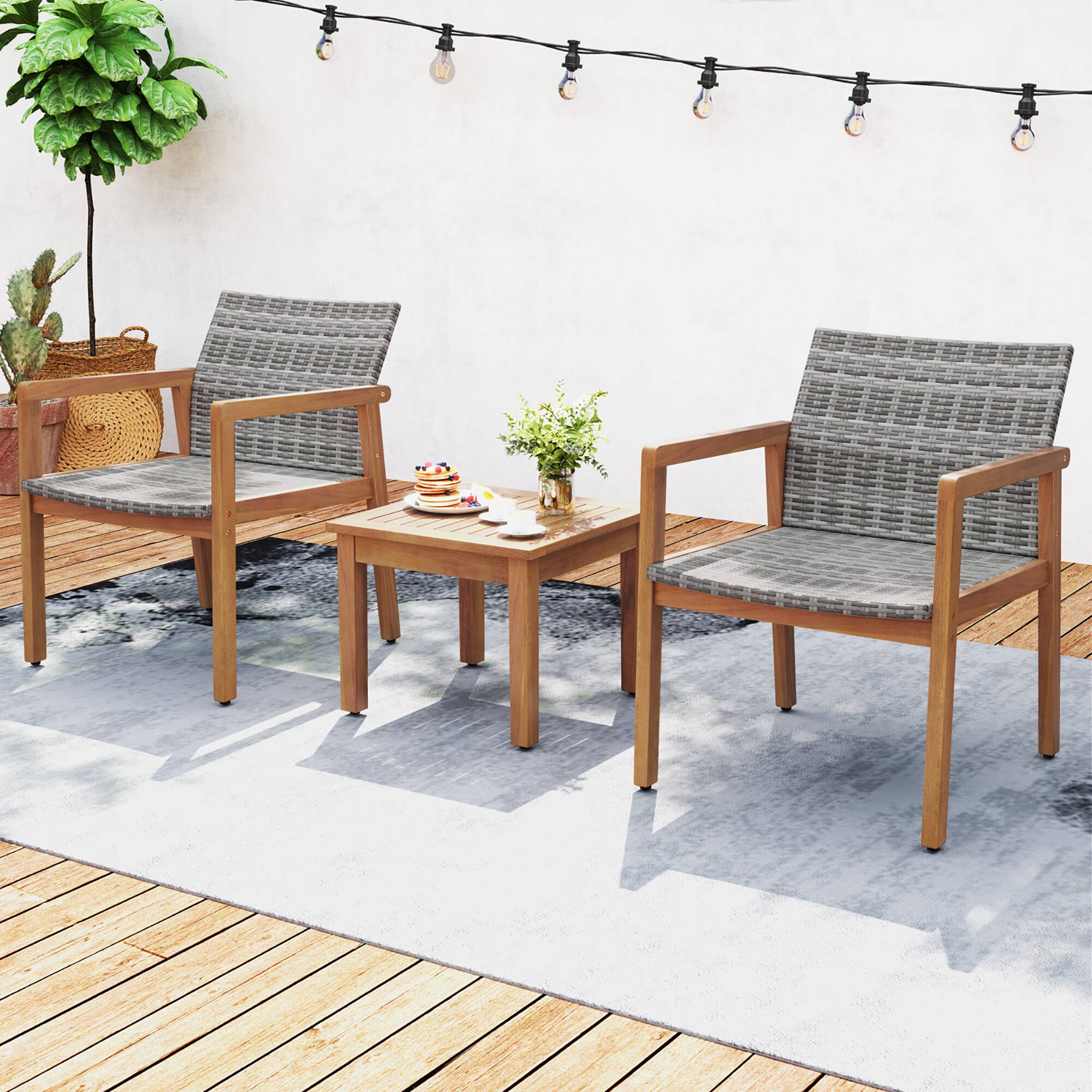 Alt View 1. Gymax - Gymax 3 Pieces Outdoor Furniture Set Acacia Wood Frame Sofa Set w/ Rattan Seat - Mix Gray.