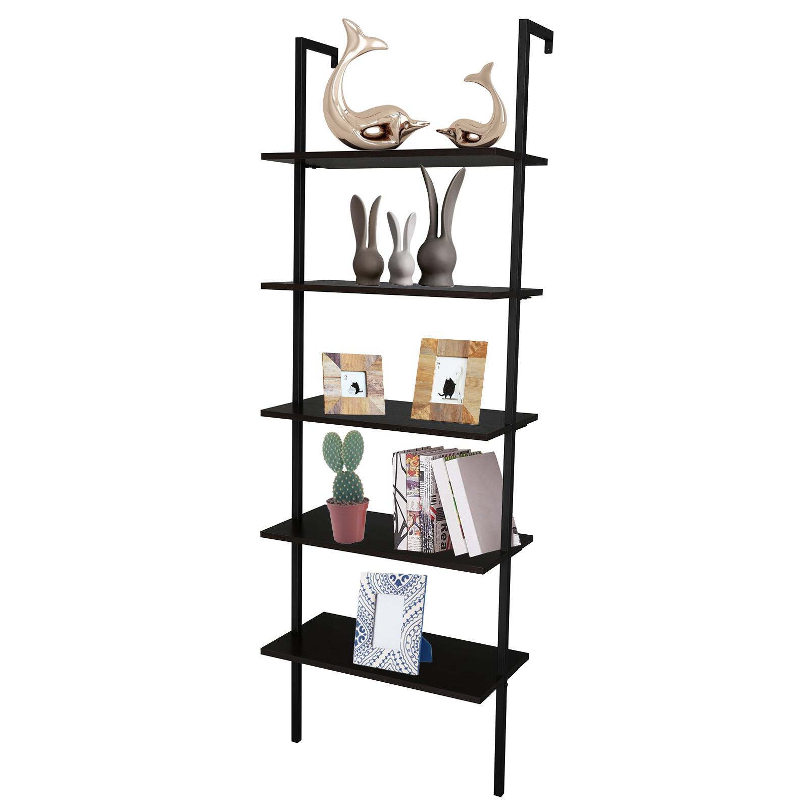 Alt View 5. Winado - 24"L x 12"W x 71"H Tall 5 Tier Modern Bookshelf Wood Board Ladder Bookcase with Metal Frame Industrial Open Storage Unit - Black.