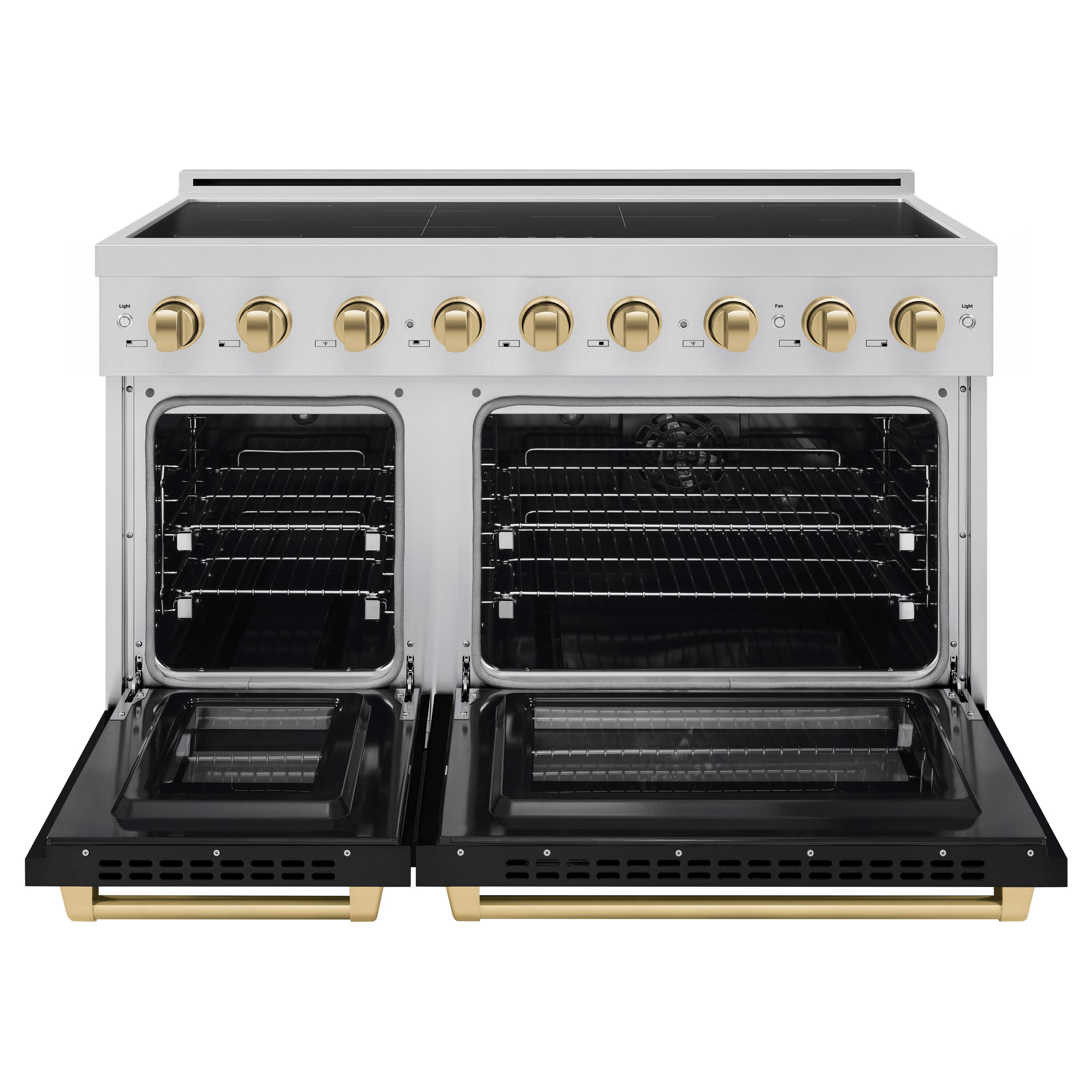 Angle. ZLINE - Autograph 48 in. 6.7 cu. ft. Paramount Freestanding Induction Range with Black Matte Doors and Champagne Bronze Accents - Matte Black.