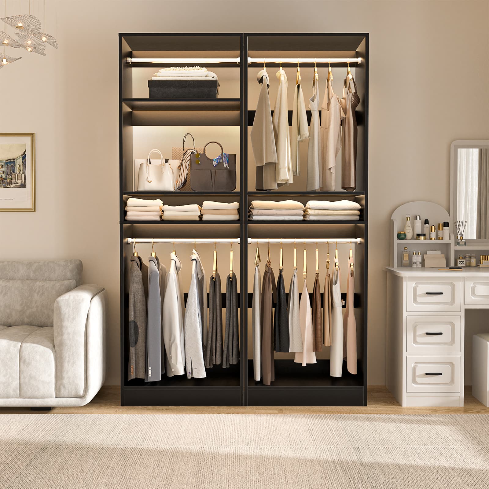 Aheaplus - 50'' Closet Organizer System, Set of 2, Walk-in Closet Storage & Organizer with 4 Hanging Rods and Adjustable Shelves - Black