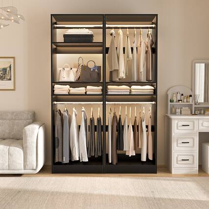 Front. Aheaplus - 50'' Closet Organizer System, Set of 2, Walk-in Closet Storage & Organizer with 4 Hanging Rods and Adjustable Shelves - Black.