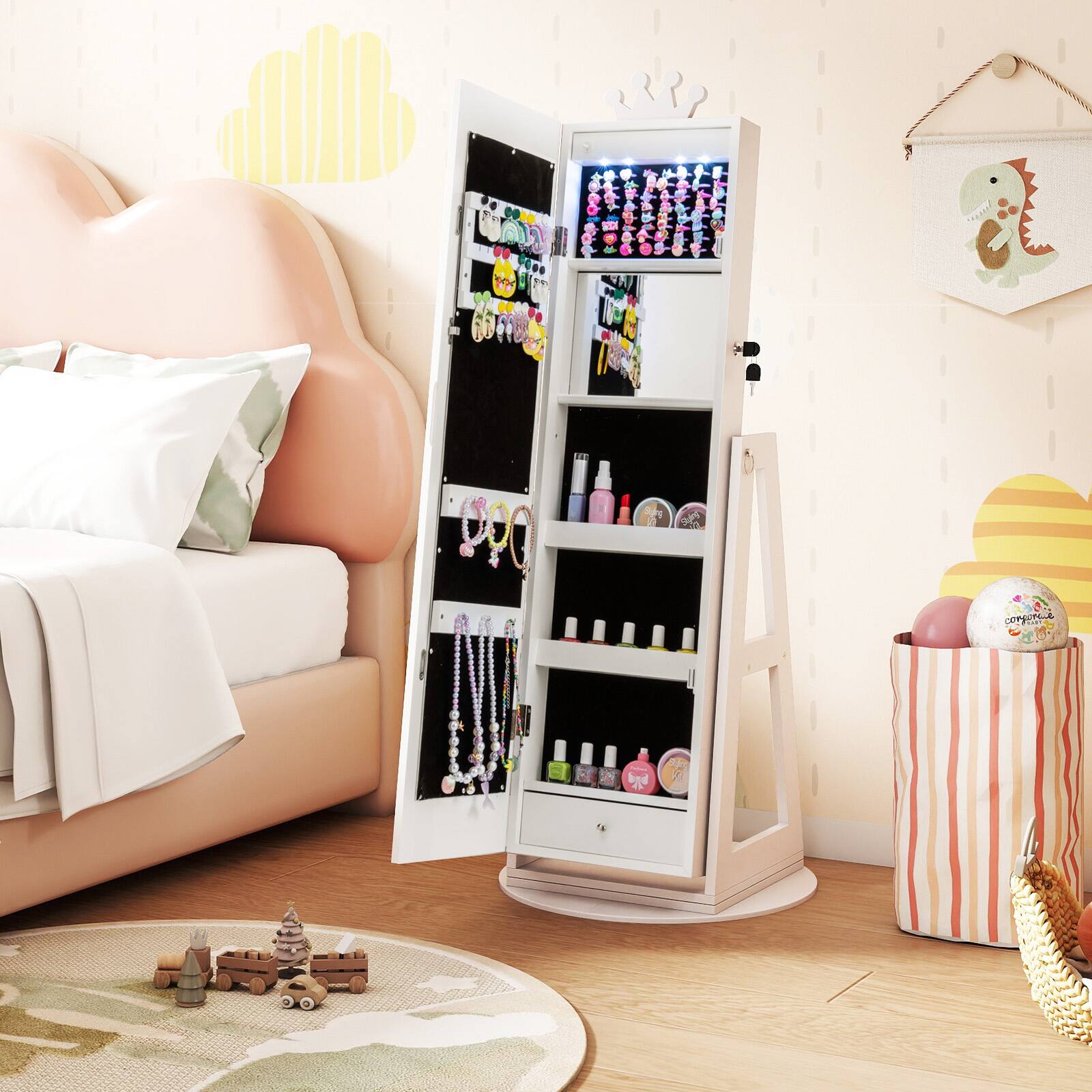Alt View 1. Gymax - Gymax Swivel Kids Jewelry Cabinet w/ Lights Full-Length Mirror & Built-in Mirror White - White.