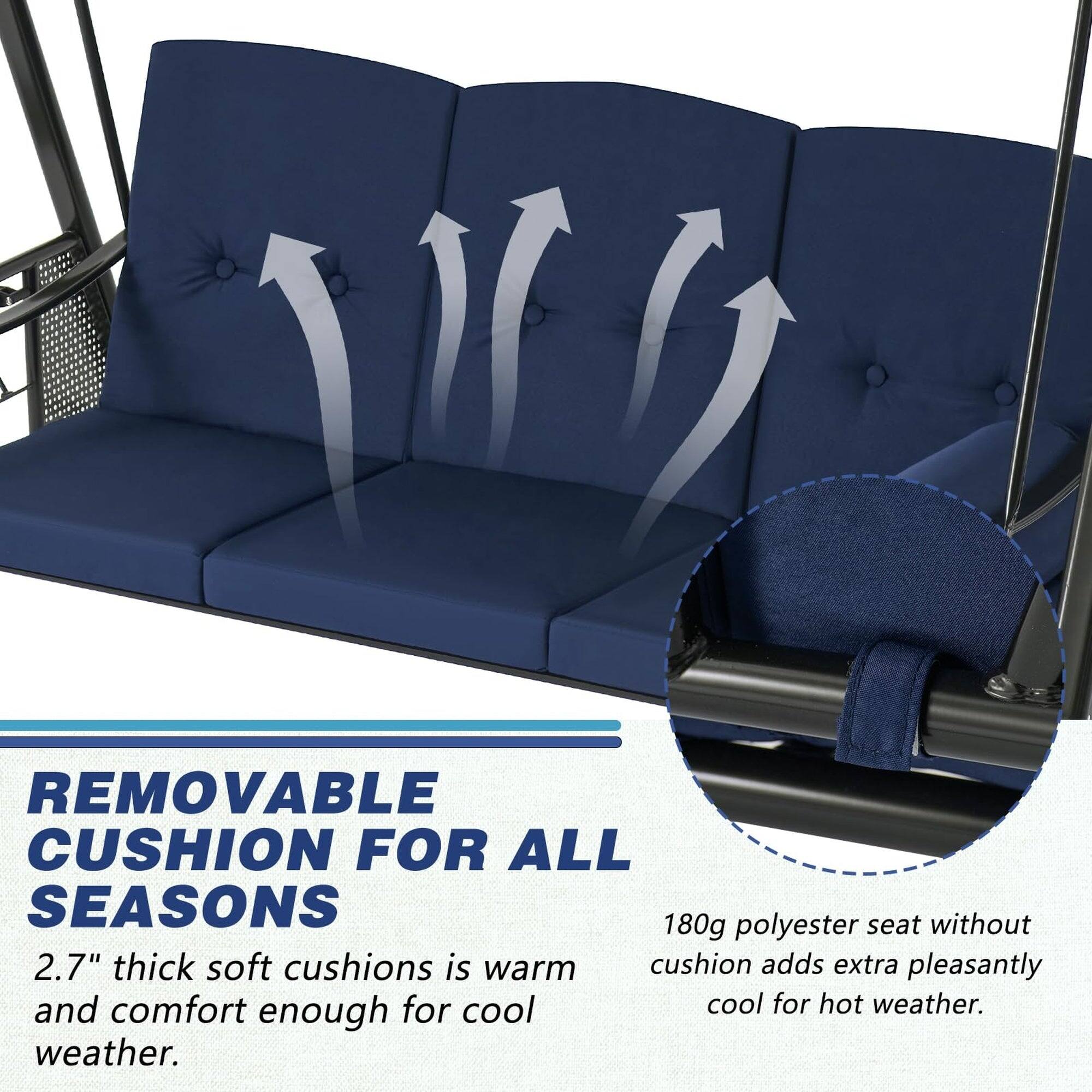 1. REMOVABLE CUSHION FOR ALL SEASONS  
   2.7" thick soft cushions is warm and comfort enough for cool weather.  
   180g polyester seat without cushion adds extra pleasantly cool for hot weather.