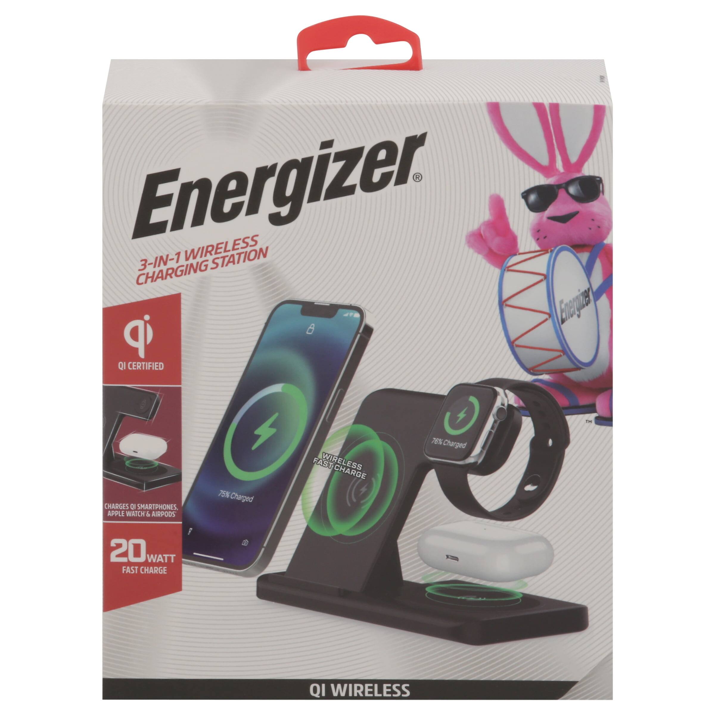 Energizer 3-IN-1 Wireless Charging Station  
Qi Certified  
Charges Smartphones, Apple Watch & Airpods  
20 Watt Fast Charge  
Qi Wireless