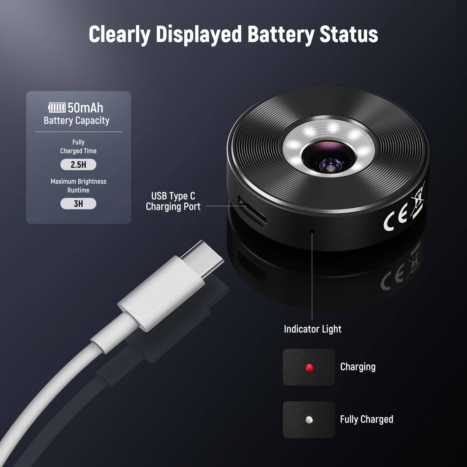 Clearly Displayed Battery Status

- 50mAh Battery Capacity
- Fully Charged Time: 2.5H
- Maximum Brightness Runtime: 3H
- USB Type C Charging Port
- Indicator Light
  - Charging
  - Fully Charged