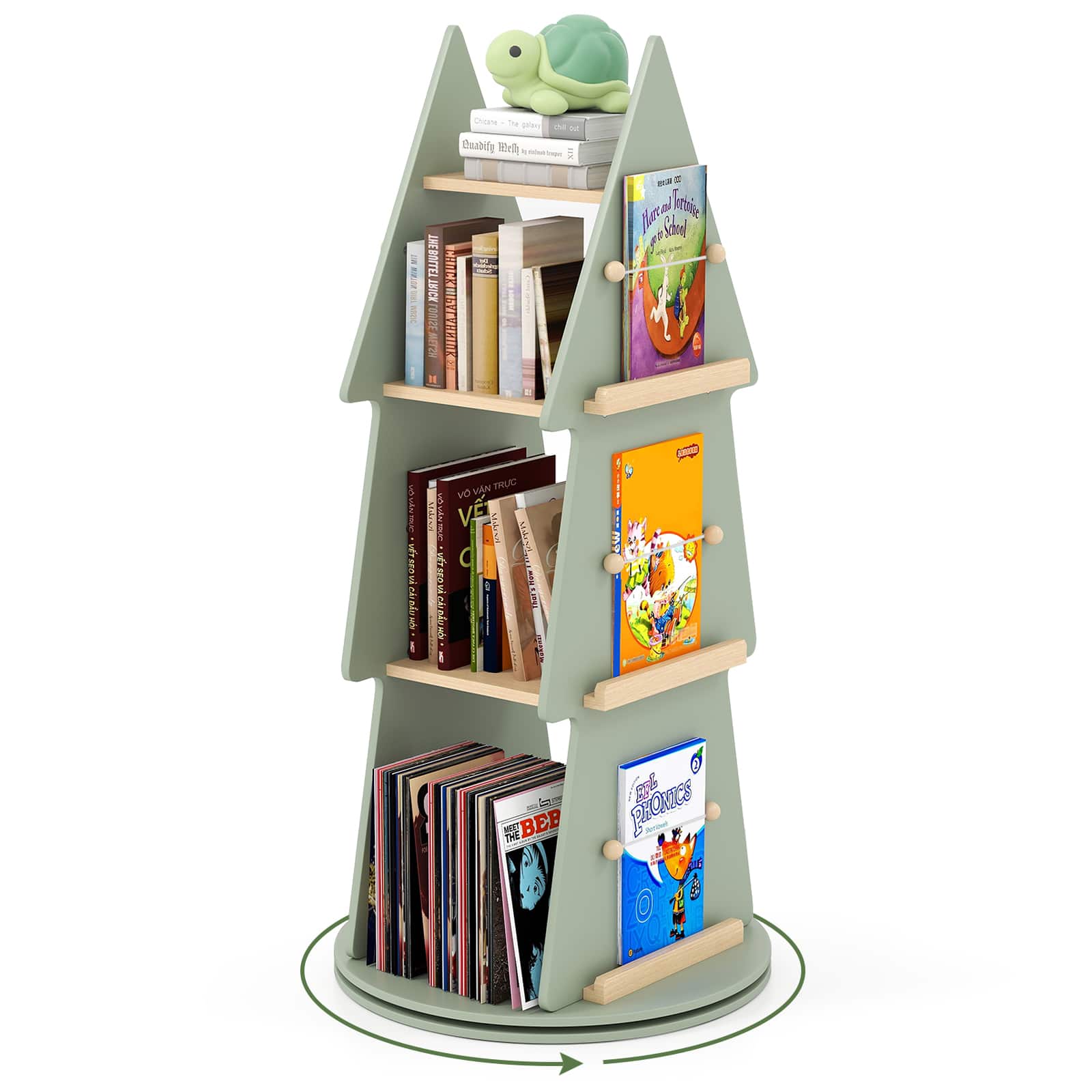 Gymax - Kids Rotating Bookshelf 4 Tier Tree Shape Revolving Bookcase 360°Display Rack - Green, Natural