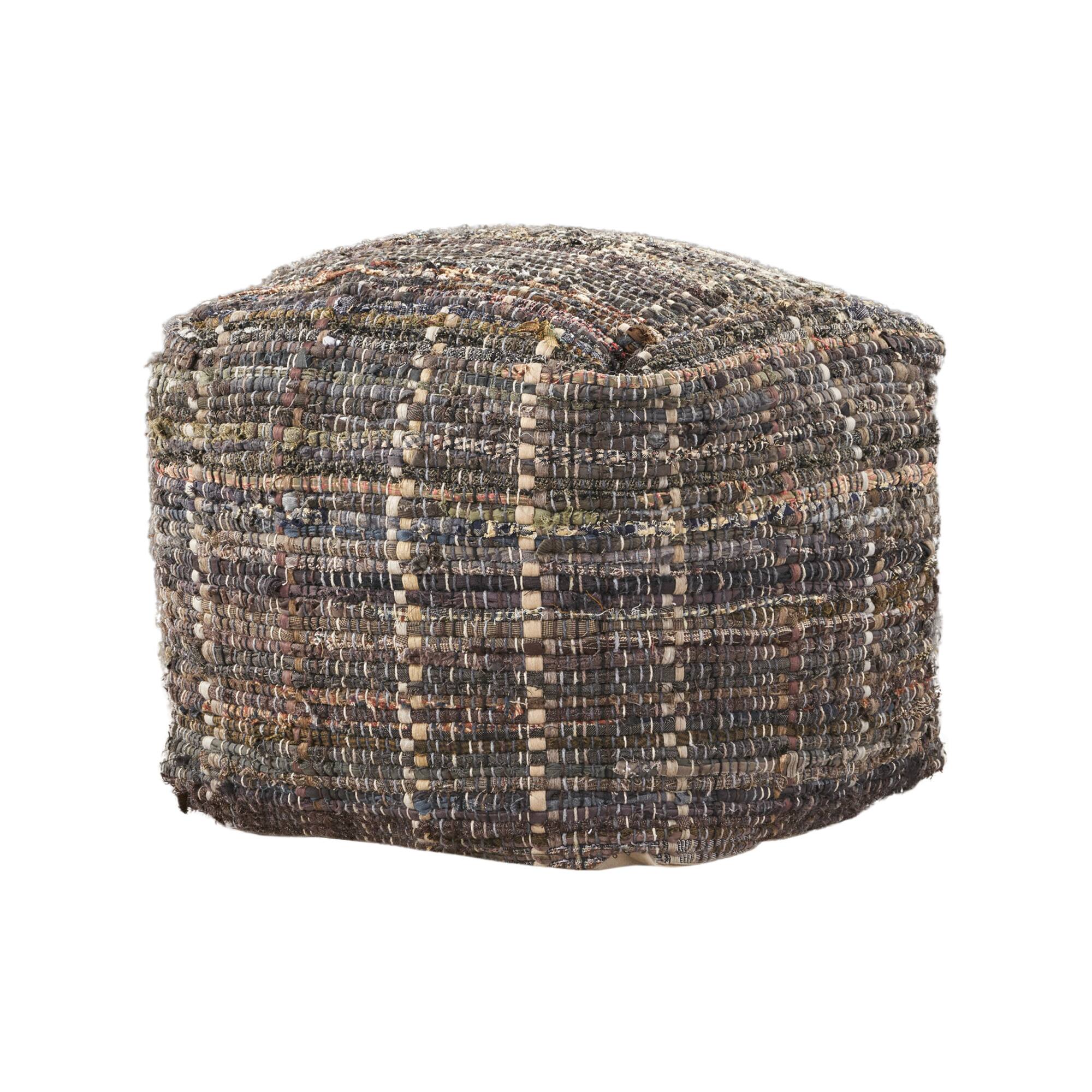 Left. GOODSILO - Handcrafted Fabric Pouf Ottoman with Multicolor Braided Design, Sturdy and Stylish Seating Solution - Khaki.