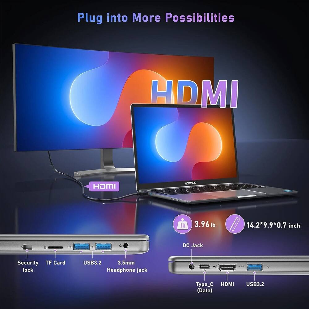 Plug into More Possibilities

HDMI

- HDMI
- AC
- HOMAGIC
- 3.96 lb
- 14.2*9.9*0.7 inch
- DC Jack
- Security TF Card lock
- USB3.2
- 3.5mm Headphone jack
- Type_C HDMI (Data)
- USB3.2