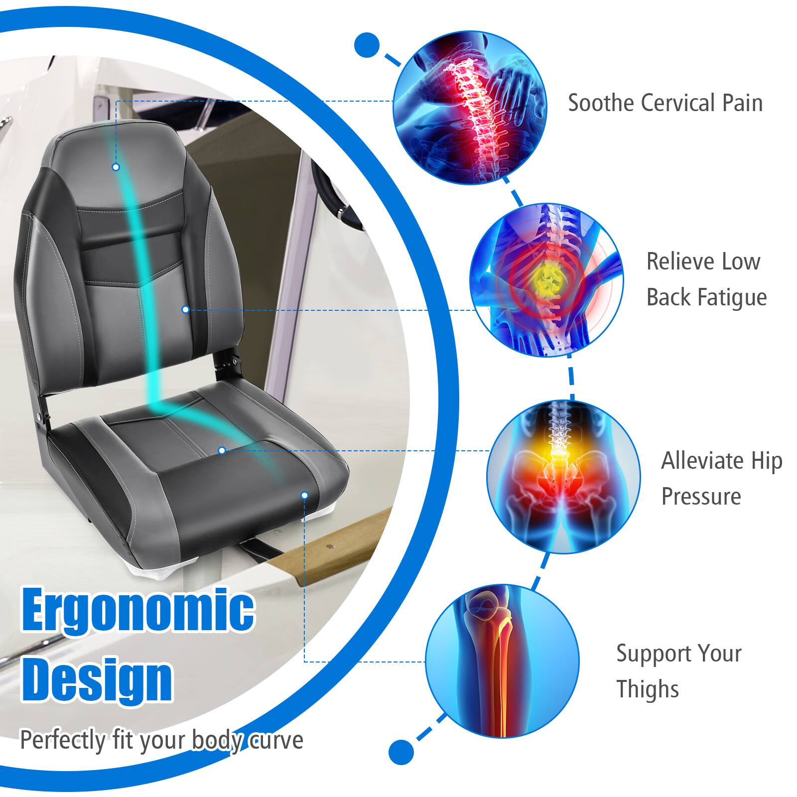 Soothe Cervical Pain  
Relieve Low Back Fatigue  
Alleviate Hip Pressure  
Ergonomic Design  
Perfectly fit your body curve  
Support Your Thighs