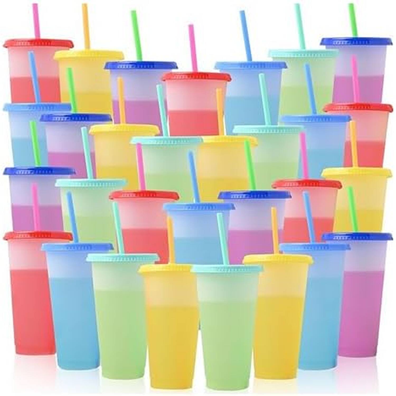 Front. PARKER SLATER - 30-pack 24oz color changing reusable plastic tumblers with lids and straws, 5 colors, perfect for drinks and parties. - Multicolor.