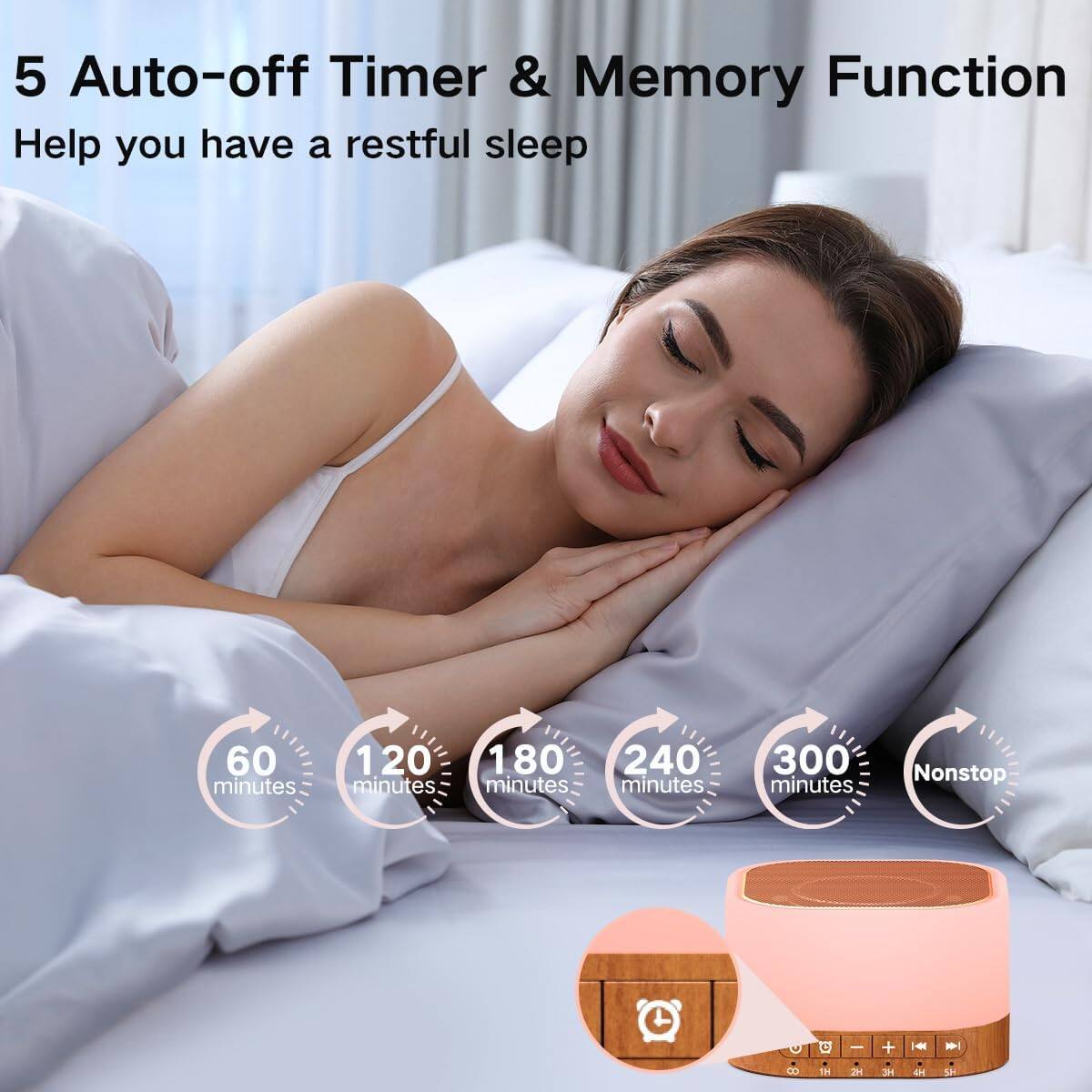 5 Auto-off Timer & Memory Function  
Help you have a restful sleep  

60 minutes  
120 minutes  
180 minutes  
240 minutes  
300 minutes  
Nonstop