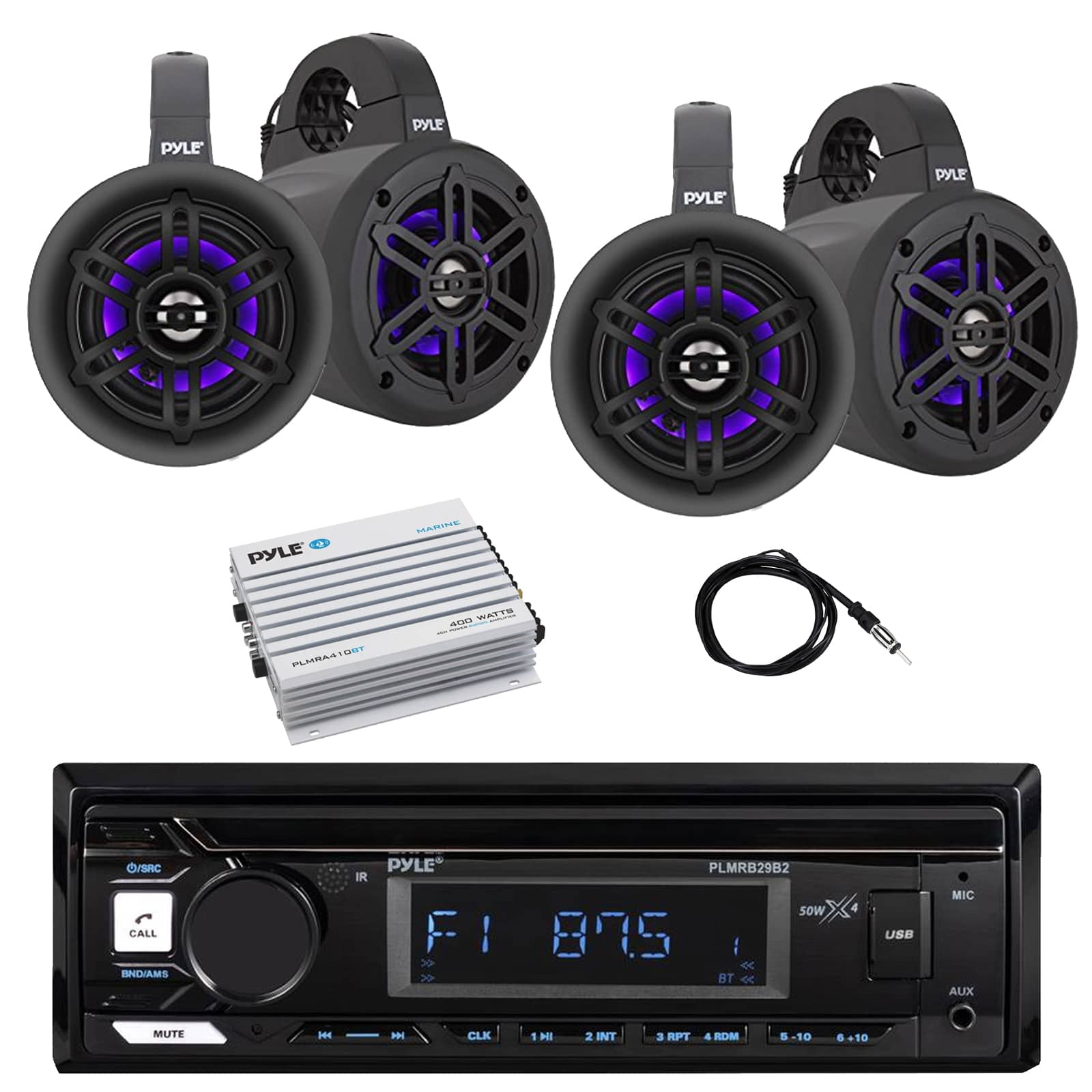 Pyle - Marine Bluetooth Stereo Receiver, 4x 4" 300W Bluetooth Wakeboard LED Tower Speakers, Bluetooth Amplifier, Antenna