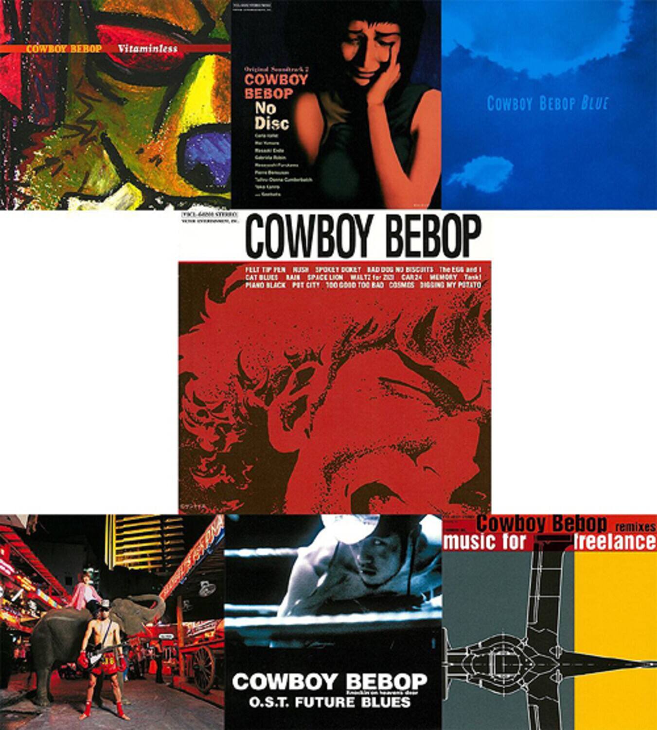 Sure, here is the corrected and grouped text from the image:

---

**COWBOY BEBOP**

- Vitaminless
- Original Soundtrack
- No Disc
- Cowboy Bebop Blue
- Felt It Felt Like a Spoke
- Bad Dog No Biscuits
- The Egg and I
- Cat Blues
- Rain
- Space Lion
- Waltz for Xanadu
- Car 24
- Memory
- Tank!
- Piano Black
- Pre City
- Good R Bad
- Cosmes
- Digging My Potato
- Cowboy Bebop remixes music for freelance
- O.S.T. Future Blues

---

This text is organized based on the visible album covers and titles in the image.