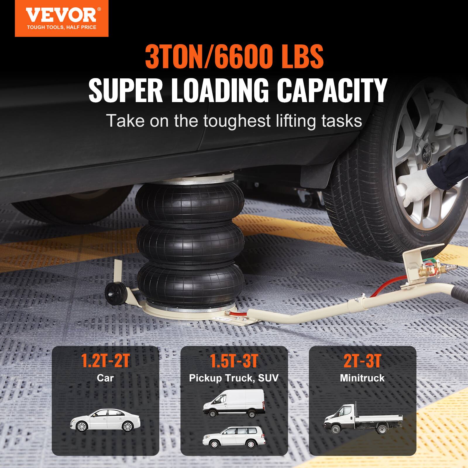 VEVOR TOUGH TOOLS, HALF PRICE

3TON/6600 LBS SUPER LOADING CAPACITY

Take on the toughest lifting tasks

1.2T-2T Car

1.5T-3T Pickup Truck, SUV

2T-3T Minitruck