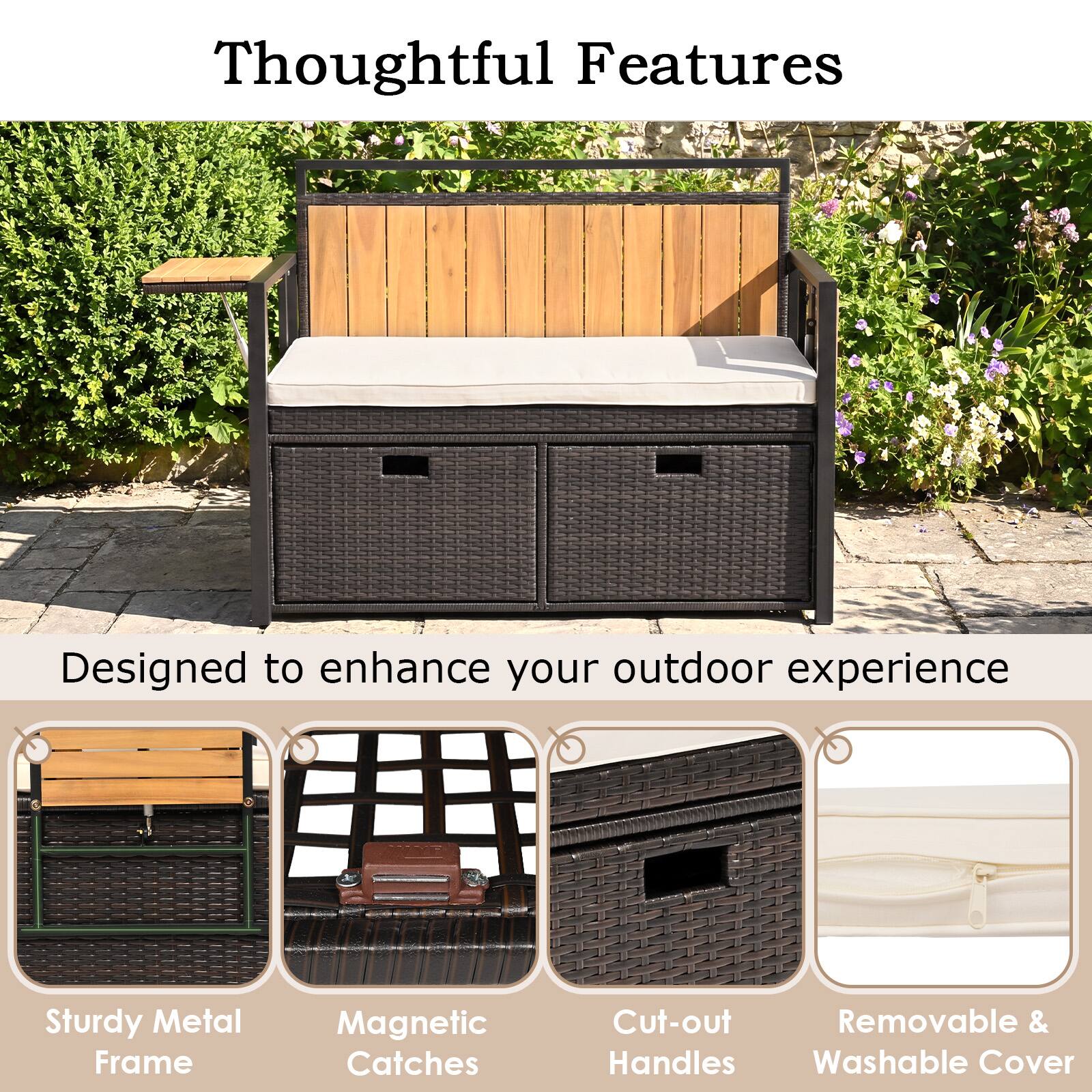 Thoughtful Features  
Designed to enhance your outdoor experience  
Sturdy Metal Frame  
Magnetic Catches  
Cut-out Handles  
Removable & Washable Cover