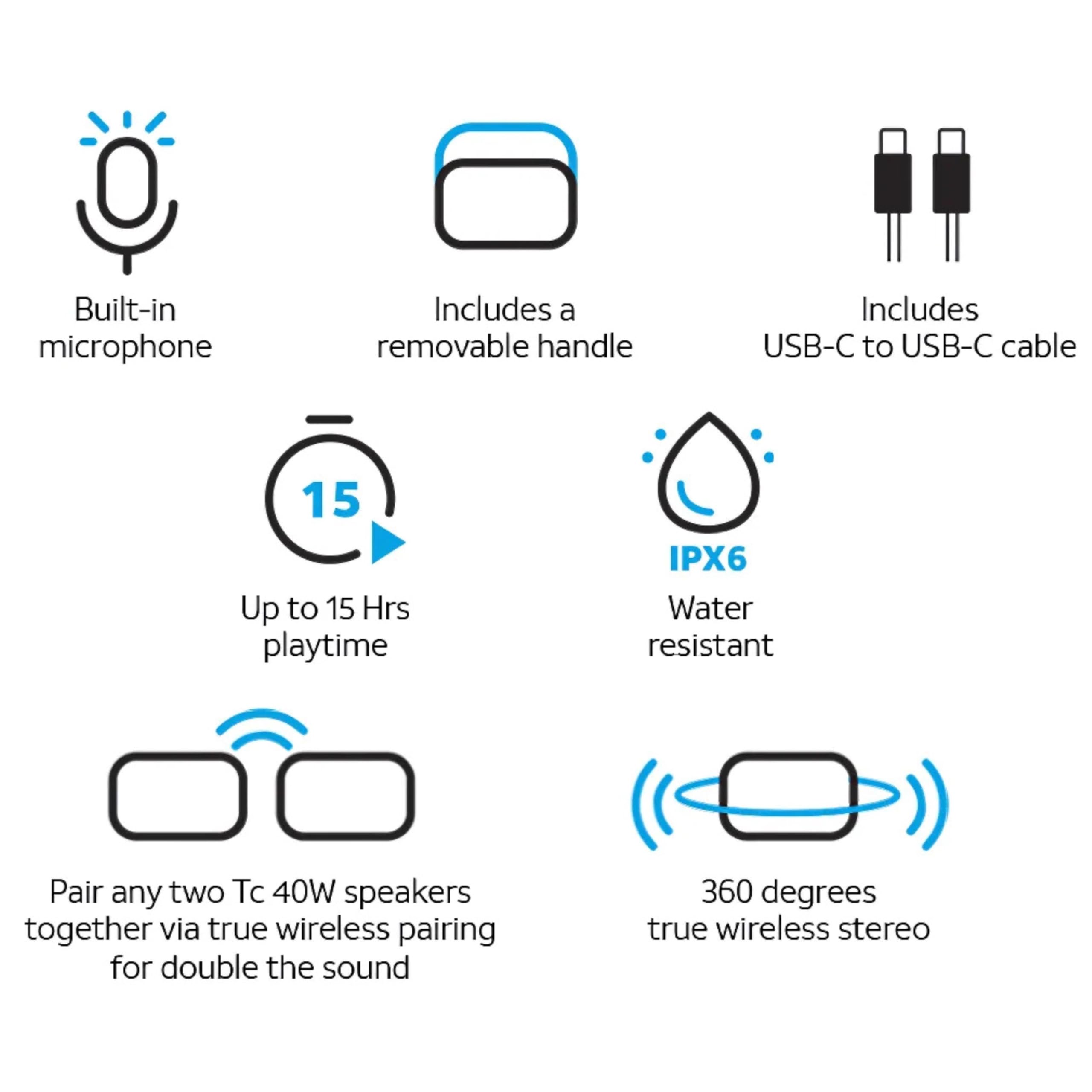 - Built-in microphone
- Includes a removable handle
- Includes USB-C to USB-C cable
- Up to 15 Hrs playtime
- IPX6 Water resistant
- Pair any two Tc 40W speakers together via true wireless pairing for double the sound
- 360 degrees true wireless stereo