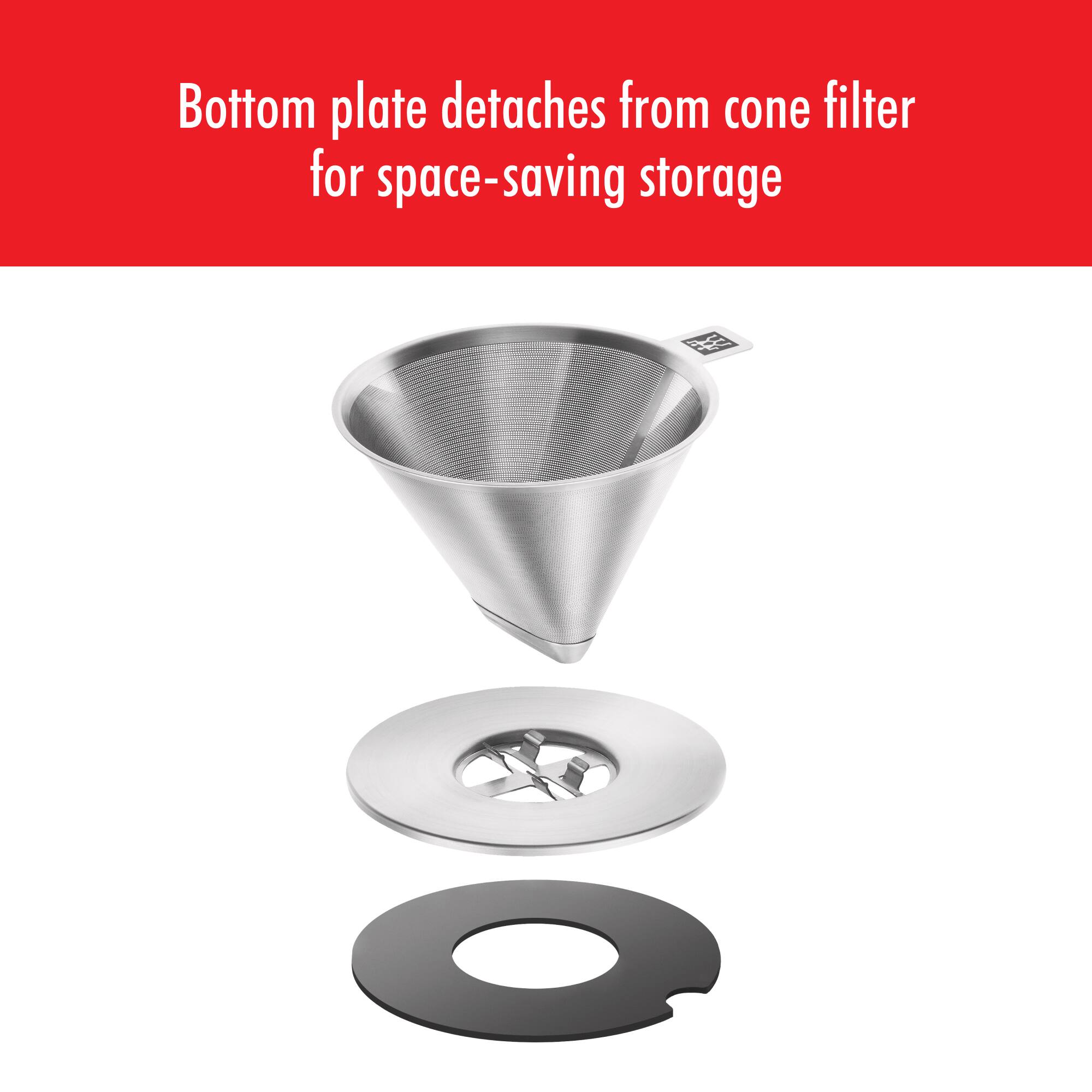 Bottom plate detaches from cone filter for space-saving storage