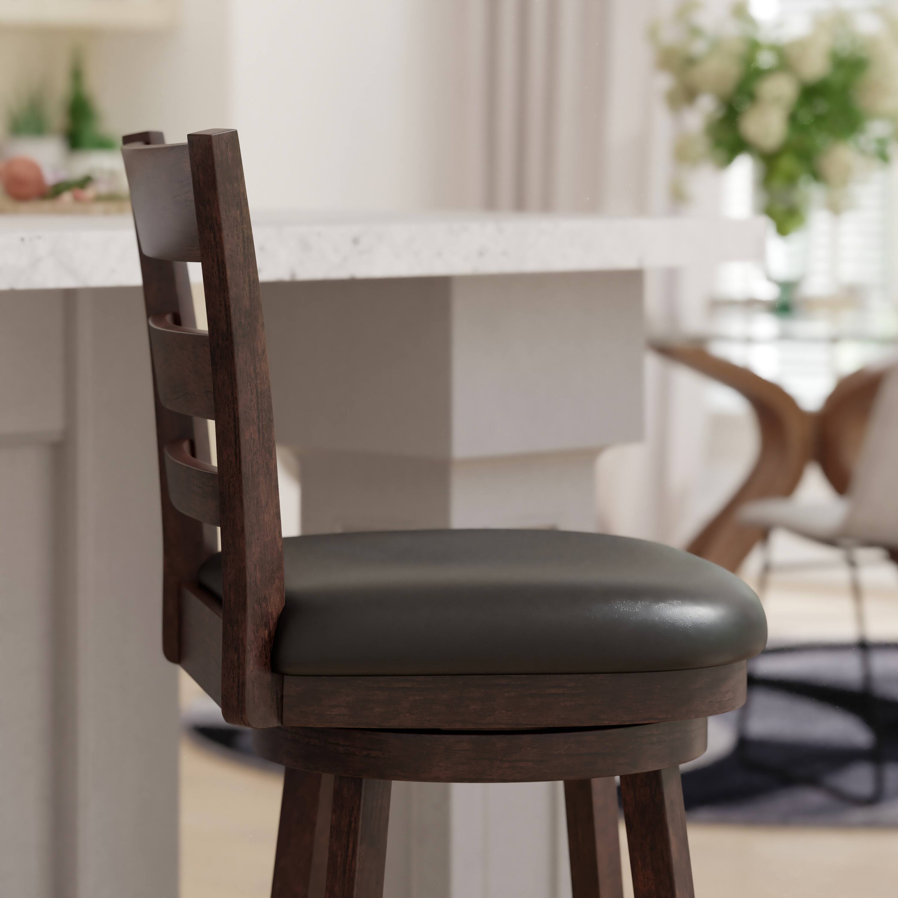 Alt View 4. Emma + Oliver - Avi Classic Wooden Ladderback Dining Stool with Padded Swivel Seat - Black Vinyl/Espresso Frame.