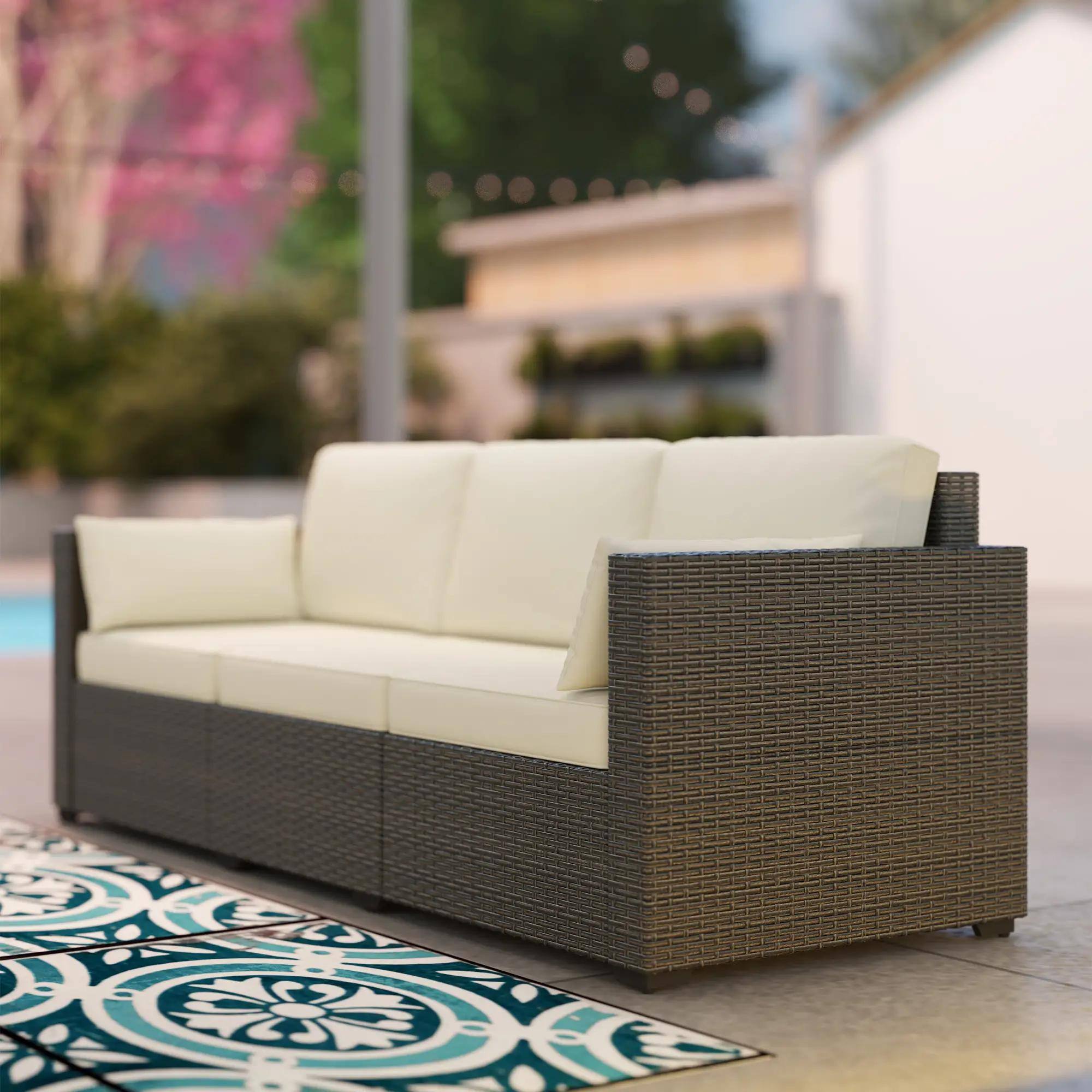 Alt View 5. Spaco - Spaco 3 Seater Patio Sofa, Deep Seating PE Rattan, All Weather Cushions - White.