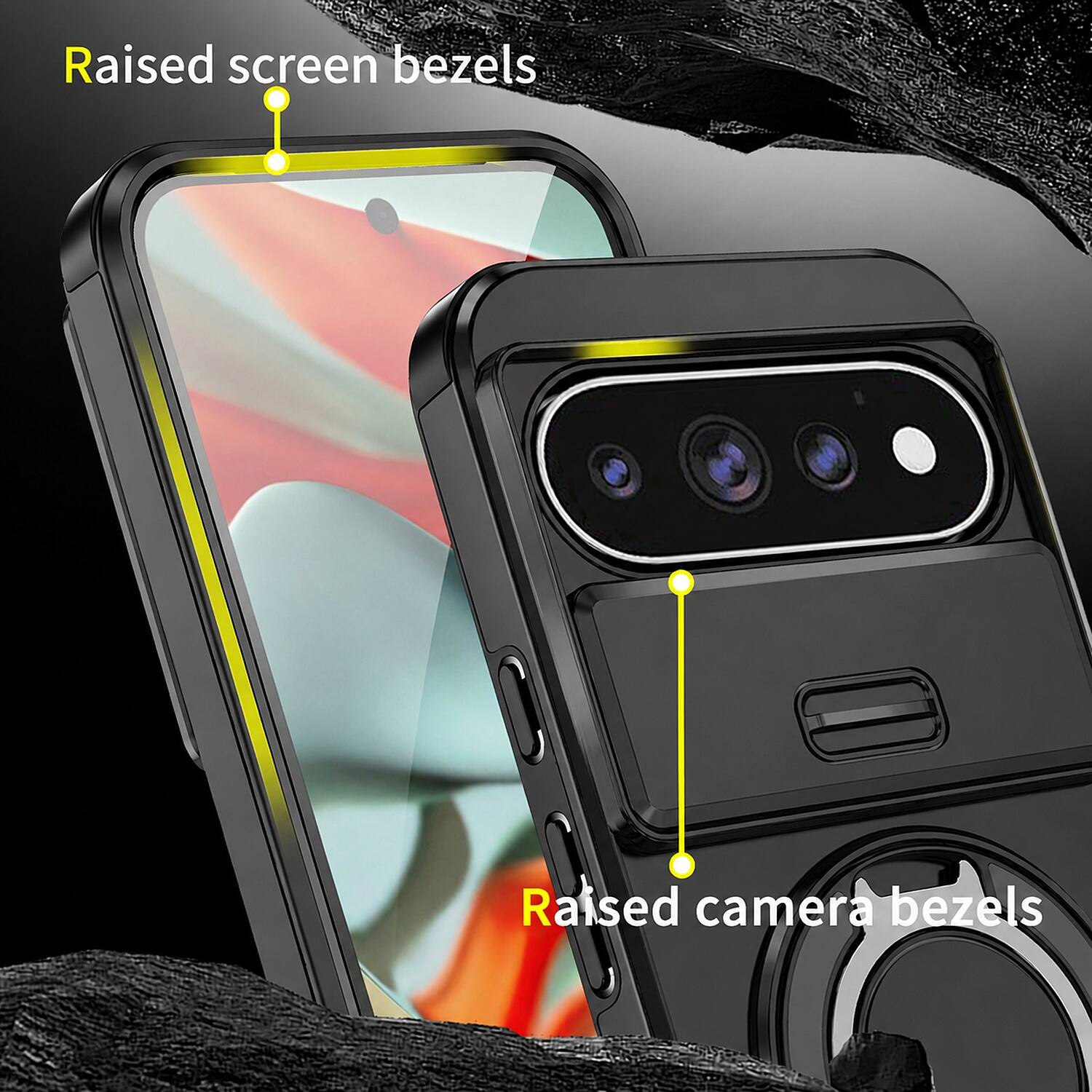 Raised screen bezels  
Raised camera bezels