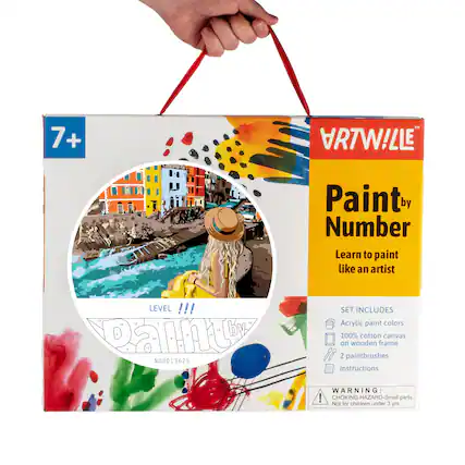 7+ + TM VRTW!LLE Paint by Number Learn to paint like an artist LEVEL !!! 1 - Paint N00013625 SET INCLUDES Acrylic paint colors 100% cotton canvas on wooden frame 2 paintbrushes Instructions WARNING: CHOKING HAZARD-Small parts. Not for children under 3 yrs