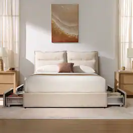 ModernMate - Upholstered Platform Bed Frame with 4 Storage Drawers, Adjustable Headboard with Dual Cushions - Begie