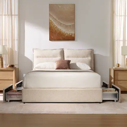 Front. ModernMate - Upholstered Platform Bed Frame with 4 Storage Drawers, Adjustable Headboard with Dual Cushions - Begie.