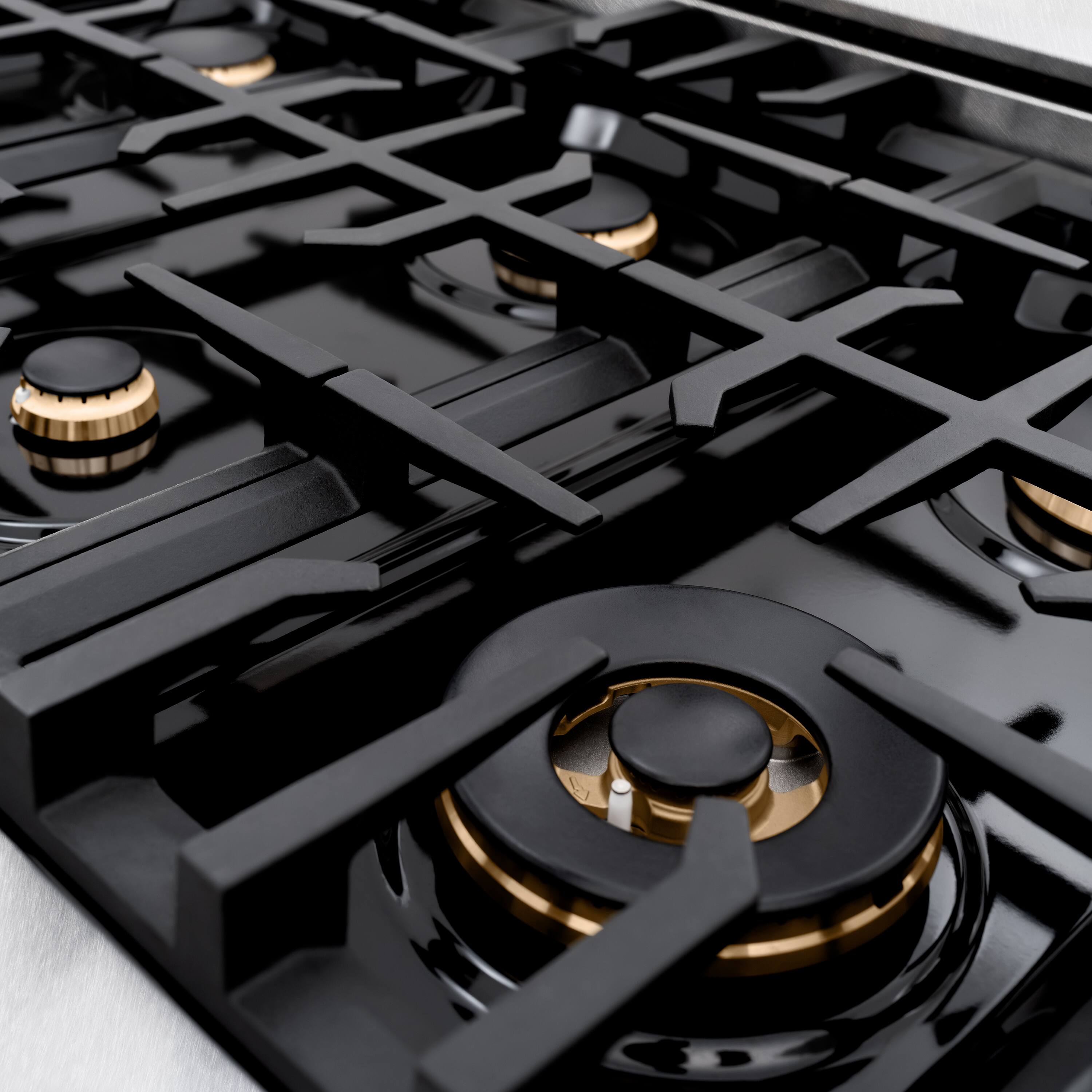 Left. ZLINE - ZLINE Autograph 48 in. Slide-In Classic Rangetop w/ 8 Burners in Satin Stainless Steel & Bronze Accents - Satin Stainless Steel.