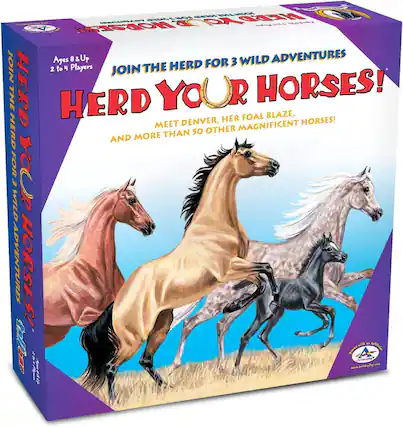 **HERD YOUR HORSES!**
**Ages 8 & Up**
**2 to 4 Players**
**JOIN THE HERD FOR 3 WILD ADVENTURES!**
**MEET DENVER, HER FOAL BLAZE, AND MORE THAN 50 OTHER MAGNIFICENT HORSES!**