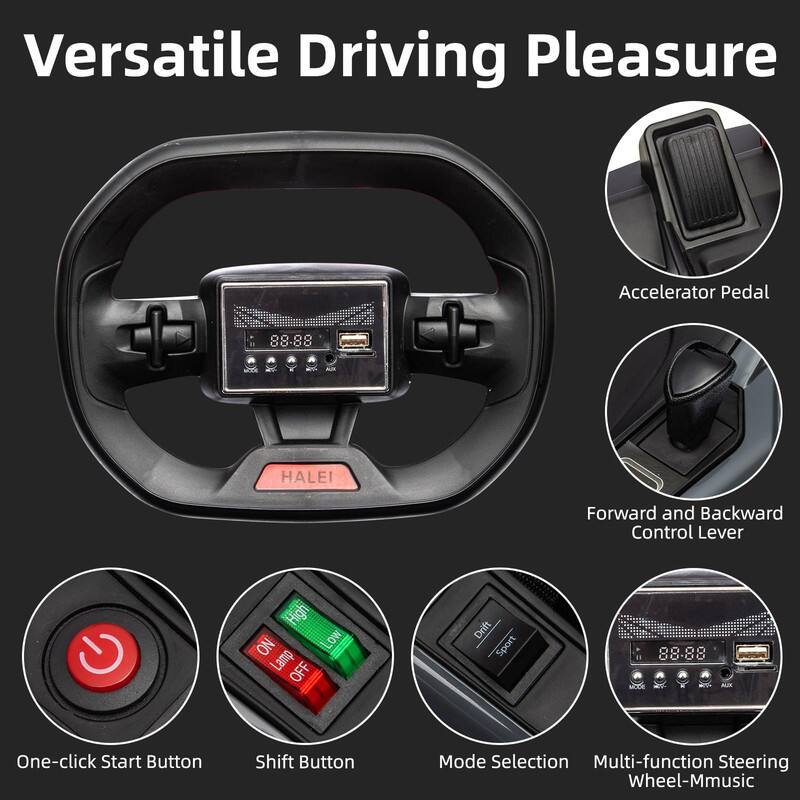 Versatile Driving Pleasure

- Accelerator Pedal
- Forward and Backward Control Lever
- One-click Start Button
- Shift Button
- Mode Selection
- Multi-function Steering Wheel-Music

HALEI

ON
Lamp
OFF
LOW

Drift
Sport

88:88