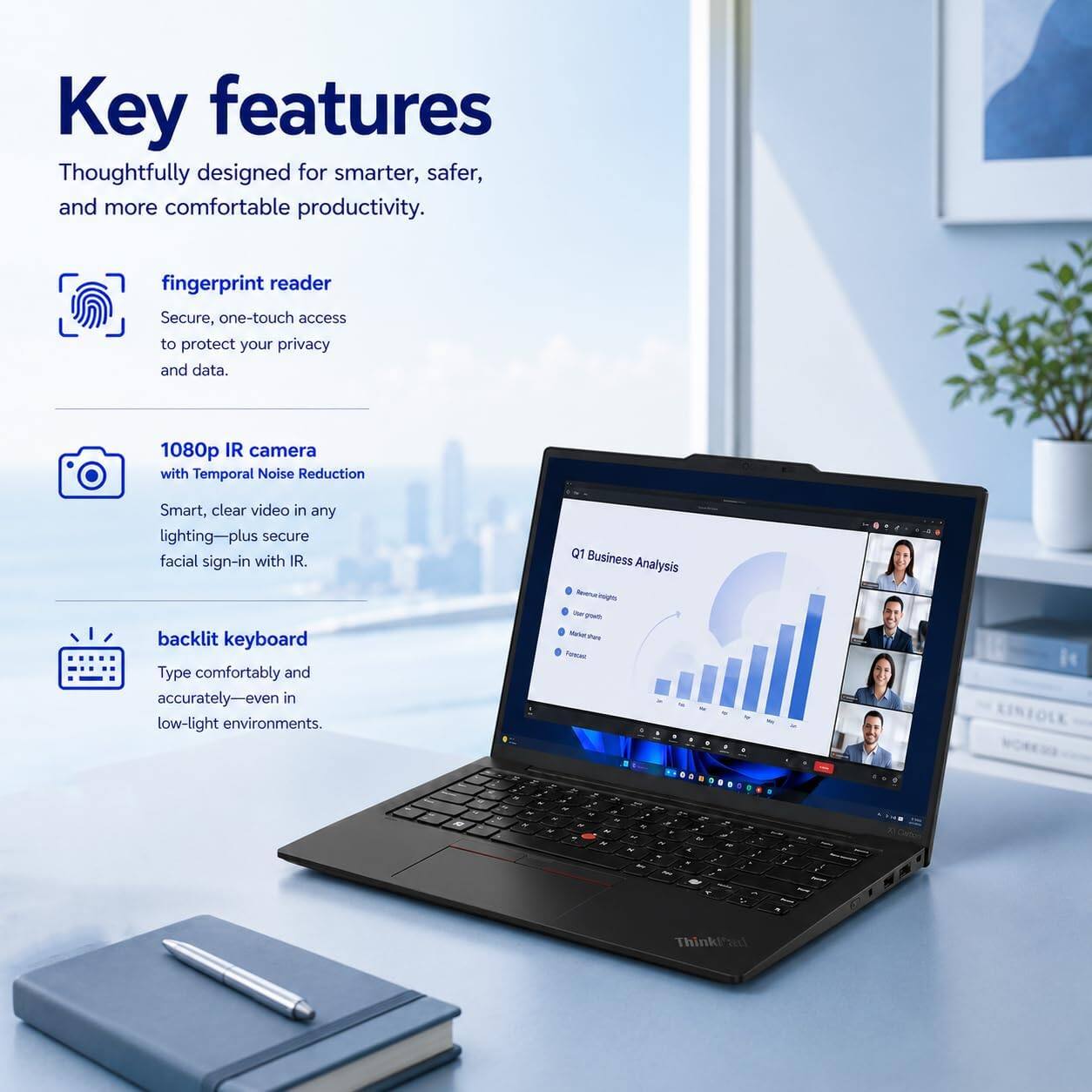 Key features  
Thoughtfully designed for smarter, safer, and more comfortable productivity.

fingerprint reader  
Secure, one-touch access to protect your privacy and data.

1080p IR camera with Temporal Noise Reduction  
Smart, clear video in any lighting—plus secure facial sign-in with IR.

backlit keyboard  
Type comfortably and accurately—even in low-light environments.

Q1 Business Analysis  
Revenue Insights  
you Tranced:  
5  
KINTOLE  
R  
N - x or x . N  
. as at M N  
20 M  3 are  
IN -  
L 9  
Per IT V  
new  
ThinkPad