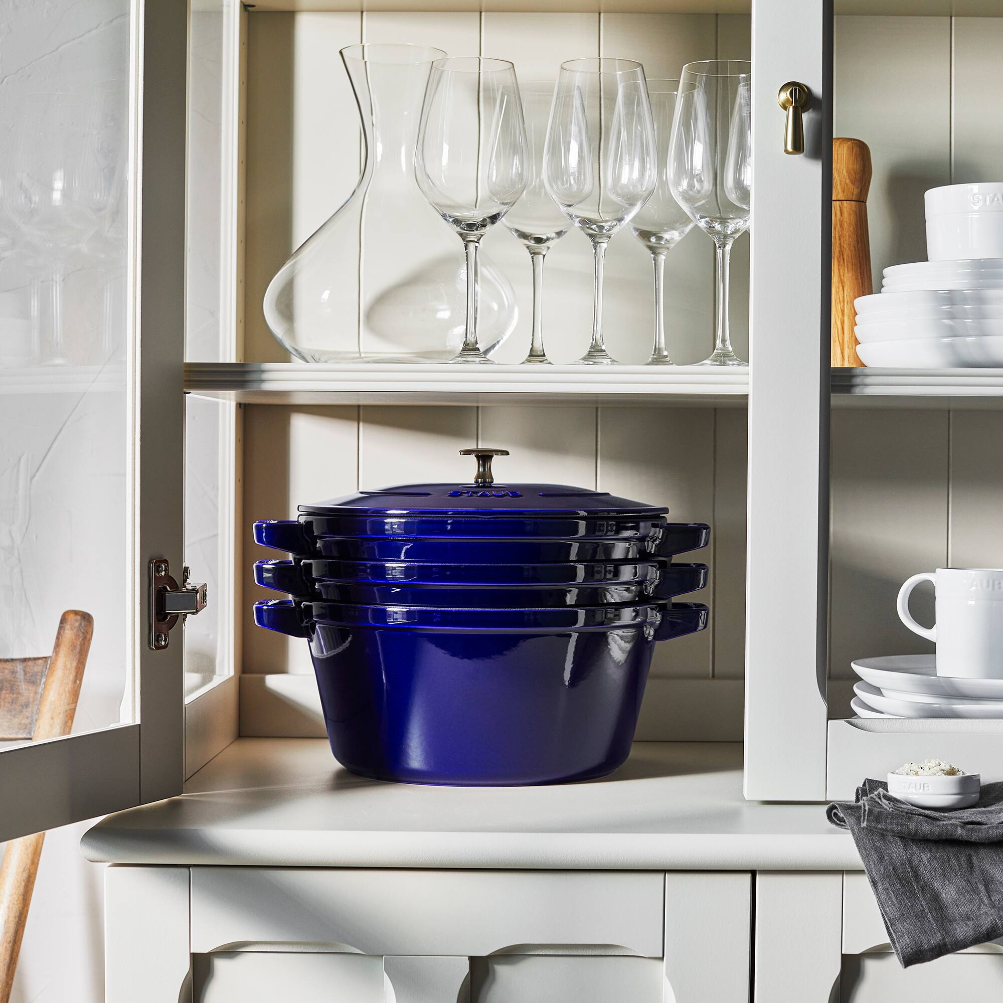 Alt View 1. Staub - STAUB Cast Iron Set 4-pc, Stackable Space-Saving Cookware Set, Dutch Oven with Universal Lid, Made in France, Dark Blue - Dark Blue.