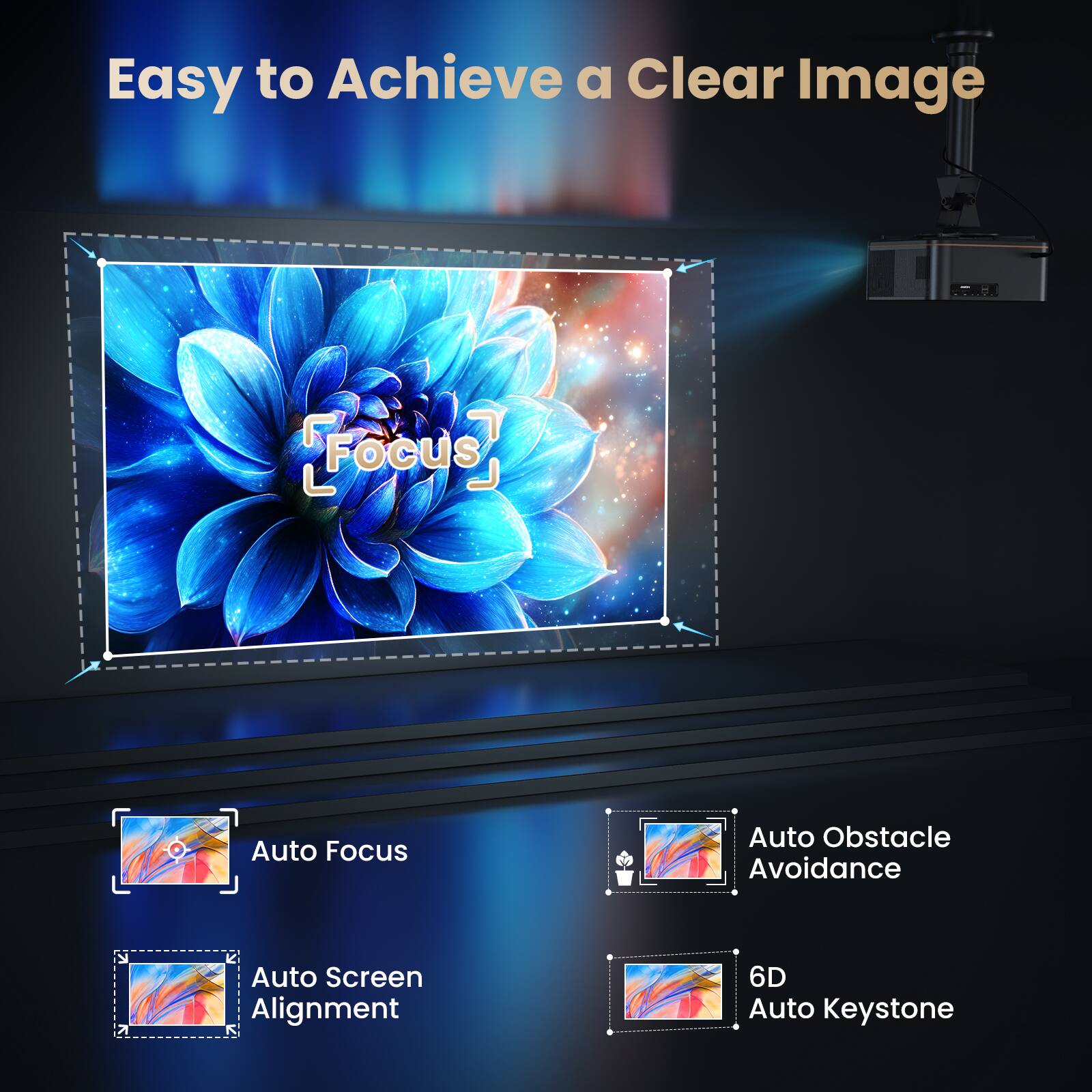 Easy to Achieve a Clear Image

- Auto Focus
- Auto Obstacle Avoidance
- Auto Screen Alignment
- 6D Auto Keystone