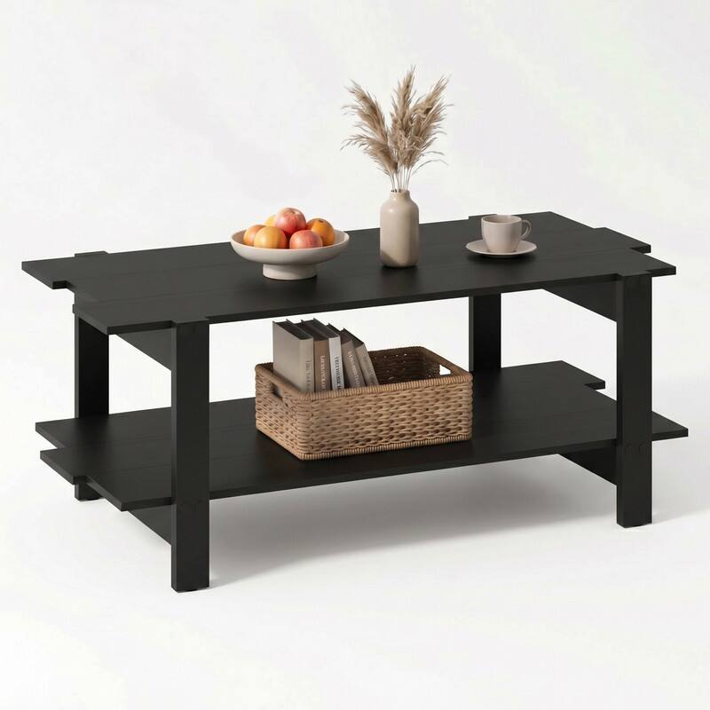 Alt View 3. WELLFOR - 2-Tier Coffee Table with Storage Shelf, Rectangle Wood Center Table for Living Room - Black.