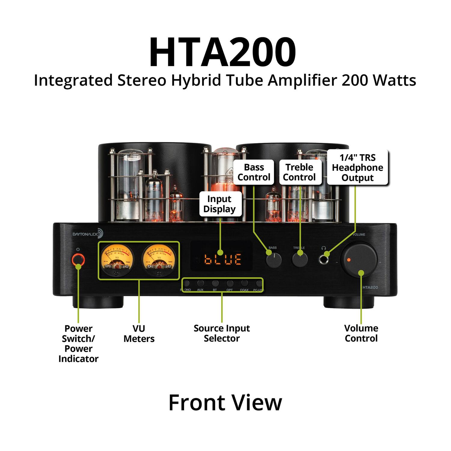 HTA200 Integrated Stereo Hybrid Tube Amplifier 200 Watts

- 1/4" TRS
- Bass Control
- Treble Control
- Headphone Output
- Input Display
- Power Switch/ Power Indicator
- VU Meters
- Source Input Selector
- Volume Control
- Front View