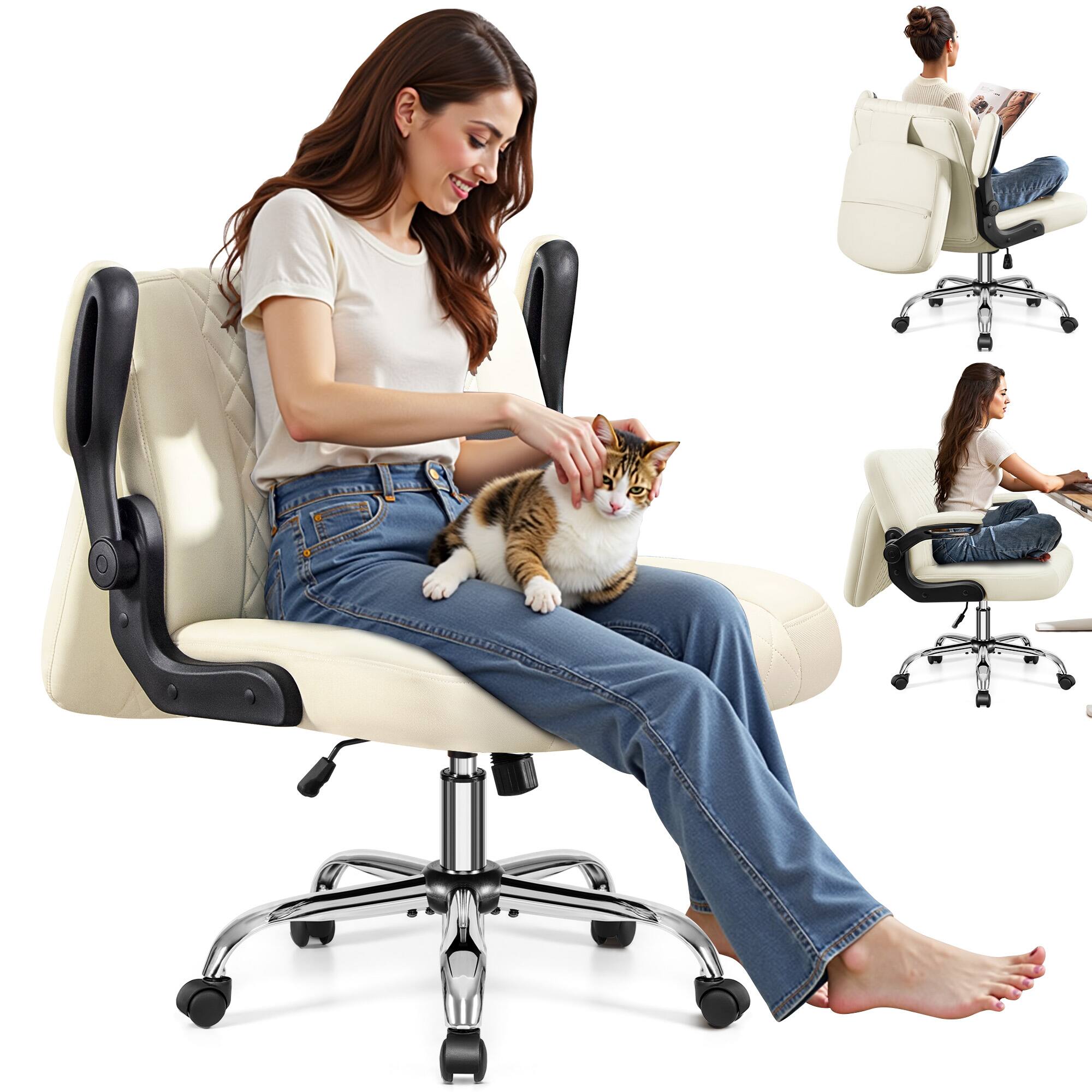Alt View 8. KERDOM - Ergonomic Home Office Chair with Flip Backrest & Arms, Thickened Waterproof PU Leather, Swivel Wide Seat Vanity Chair - White.