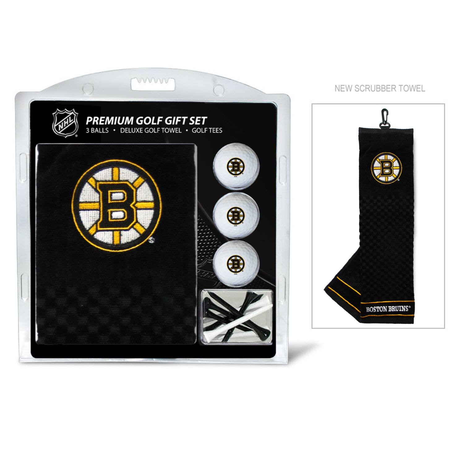 NEW SCRUBBER TOWEL  
NHL PREMIUM GOLF GIFT SET  
3 BALLS • DELUXE GOLF TOWEL • GOLF TEES  
BOSTON BRUINS