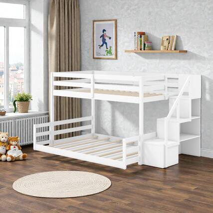 Front. Hivvago - Twin Over Full Low Bunk Bed with Storage Steps with Solid Wood Construction - White.