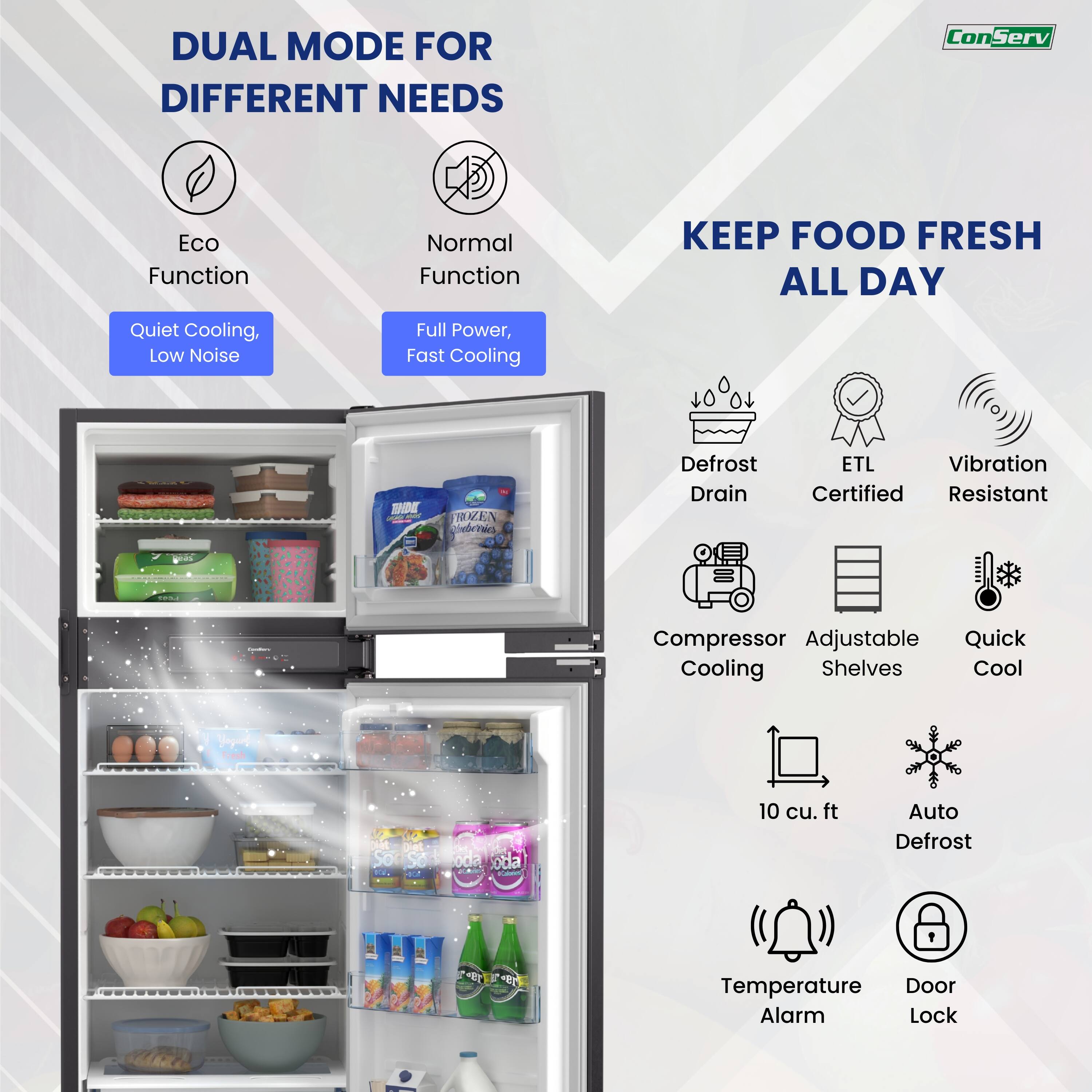 DUAL MODE FOR DIFFERENT NEEDS  
Eco Function  
Quiet Cooling, Low Noise  

Normal Function  
Full Power, Fast Cooling  

KEEP FOOD FRESH ALL DAY  
Defrost Drain  
ETL Certified  
Vibration Resistant  
Compressor Cooling  
Adjustable Shelves  
Quick Cool  
10 cu. ft  
Auto Defrost  
Temperature Alarm  
Door Lock
