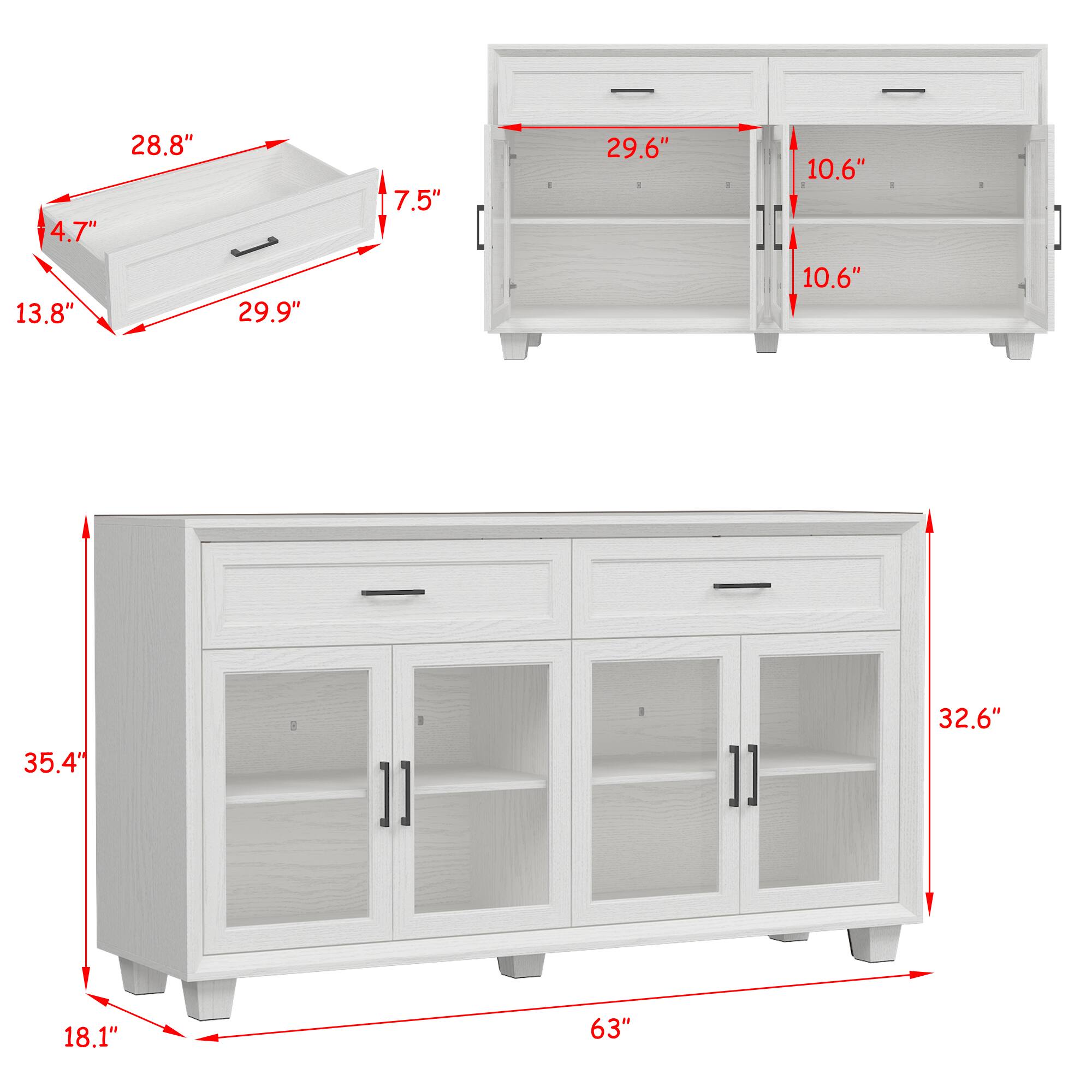 The text can be grouped as follows:

- Width: 63"
- Depth: 32.6"
- Height: 35.4"
- Legs: 18.1"
- Drawer: 29.9" x 28.8" x 4.7"
- Shelves: 29.6" x 10.6" x 10.6"