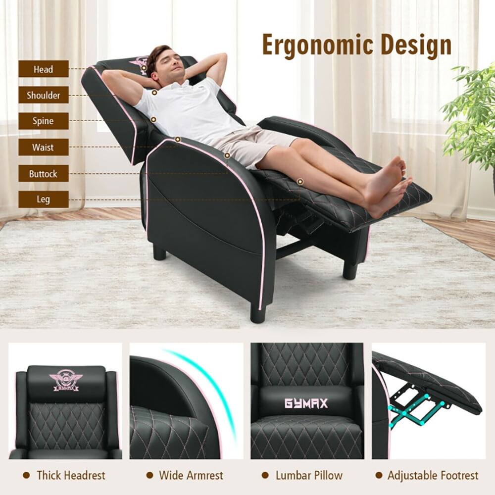 Ergonomic Design

Head
Shoulder
Spine
Waist
Buttock
Leg

Thick Headrest
Wide Armrest
Lumbar Pillow
Adjustable Footrest