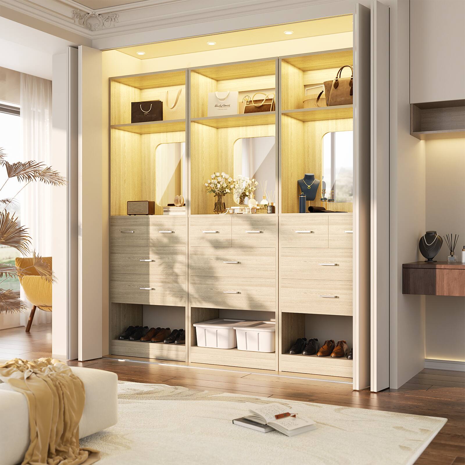 Alt View 2. Aheaplus - 25 Inch Closet System with 4 Wooden Drawers, Freestanding Closet Organizer with Mirror & Storage Shelves - Beige Oak.