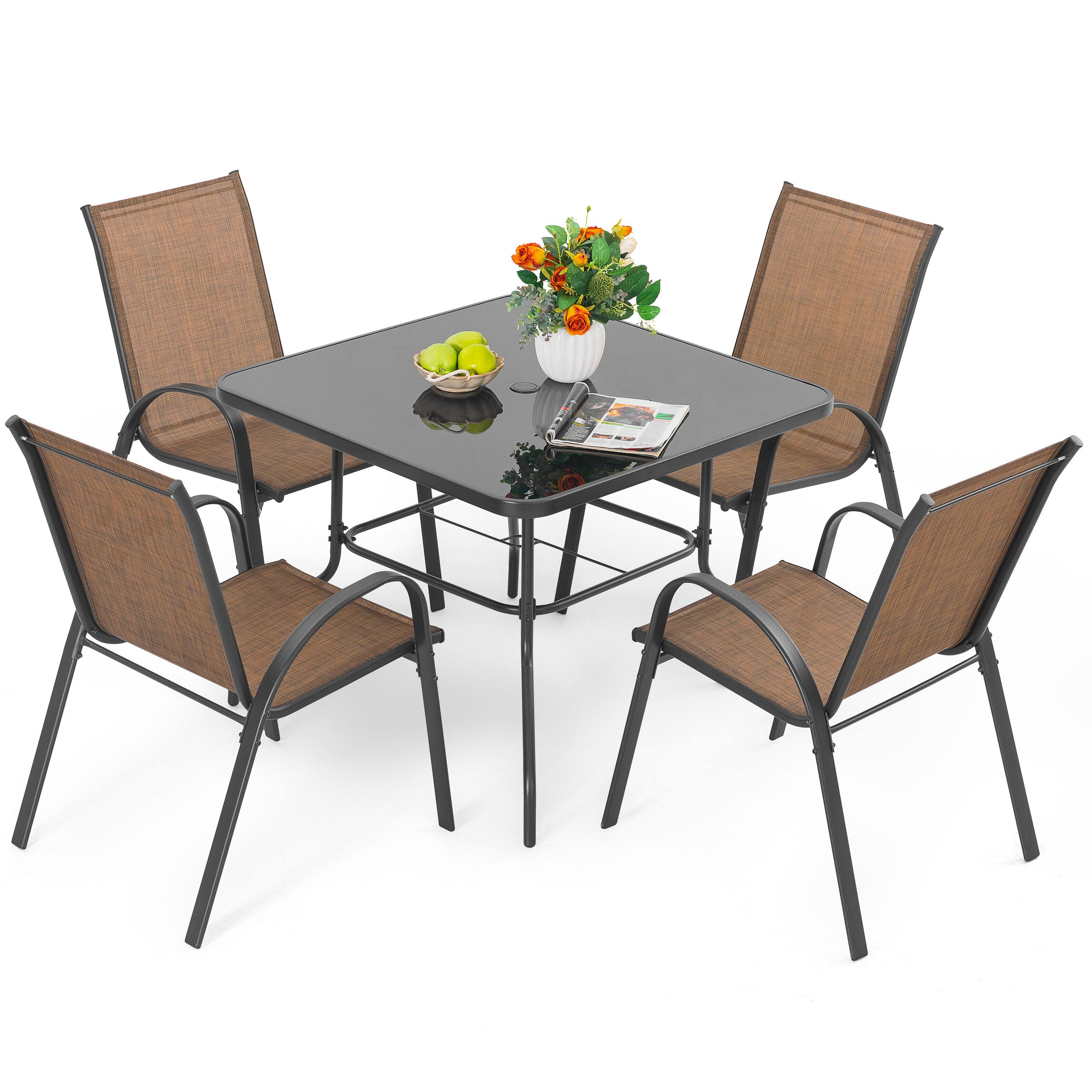 Front. Nuu Garden - 5-Piece Metal and Textilene Outdoor Dining Set, 4 Stackable Chairs and Tempered Glass Table with Umbrella Hole - Black and Brown.