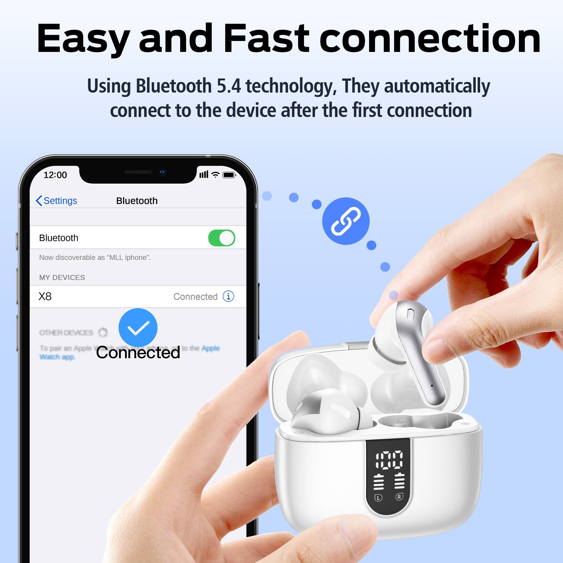 Easy and Fast connection  
Using Bluetooth 5.4 technology, They automatically connect to the device after the first connection  

Settings  
Bluetooth  
Bluetooth  
Now discoverable as "MLL iphone"  
MY DEVICES  
X8  
Connected  
OTHER DEVICES  
To pair an Apple Watch to the Apple Watch app.  
Connected