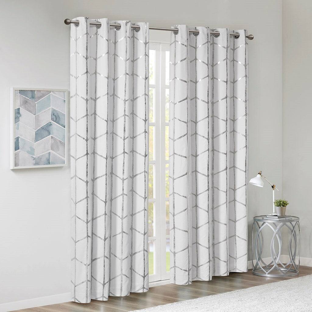 Front. BreeBe - Total Blackout Metallic Print Grommet Top Curtain Panel(Only 1 Pc Panel) - White+Silver.