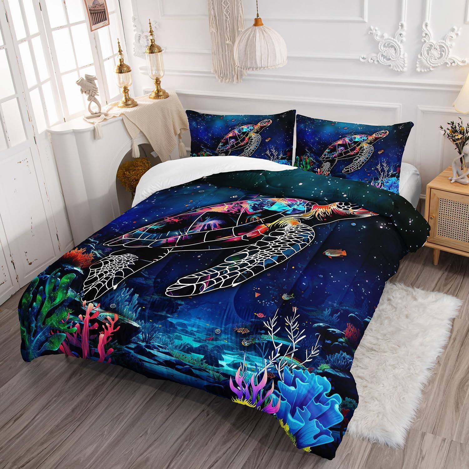 Alt View 1. Wikistore - WIKISTORE Turtle Comforter Set Queen Size Ocean Beach Animals Bedding with Fish Coral Pattern - As Picture.