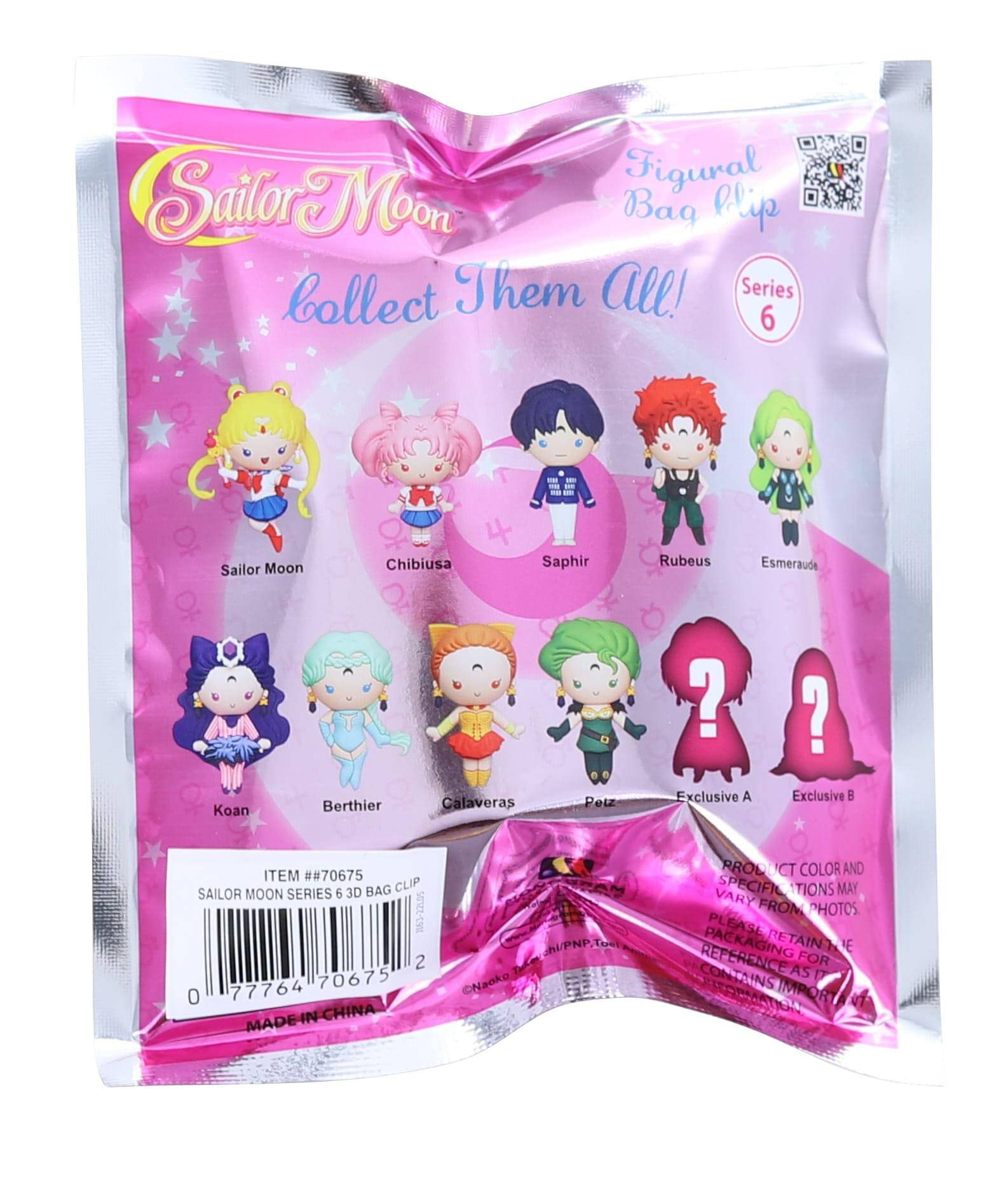 Figural Bag Clip  
Sailor Moon  
Collect Them All!  
Series 6  

Sailor Moon  
Chibiusa  
Saphir  
Rubeus  
Esmeraude  
Koan  
Berthier  
Calaveras  
Pelz  

Exclusive A  
Exclusive B  

ITEM #70675  
SAILOR MOON SERIES 6 3D BAG CLIP  

0 77764 70675 2  

MADE IN CHINA  

PRODUCT COLOR AND SPECIFICATIONS MAY VARY FROM PHOTOS  
PLEASE RETAIN PACKAGING FOR REFERENCE  

©Naoko Takeuchi