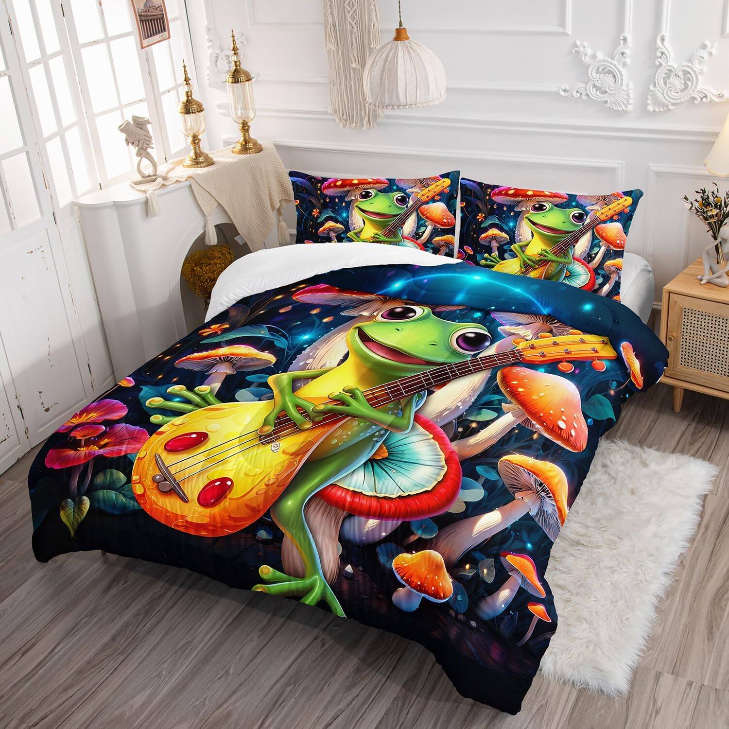 Alt View 1. Wikistore - WIKISTORE Cute Frog Guitar Comforter Set Queen Size Botanica Mushroom Cartoon Bedding 3 Piece - As Picture.